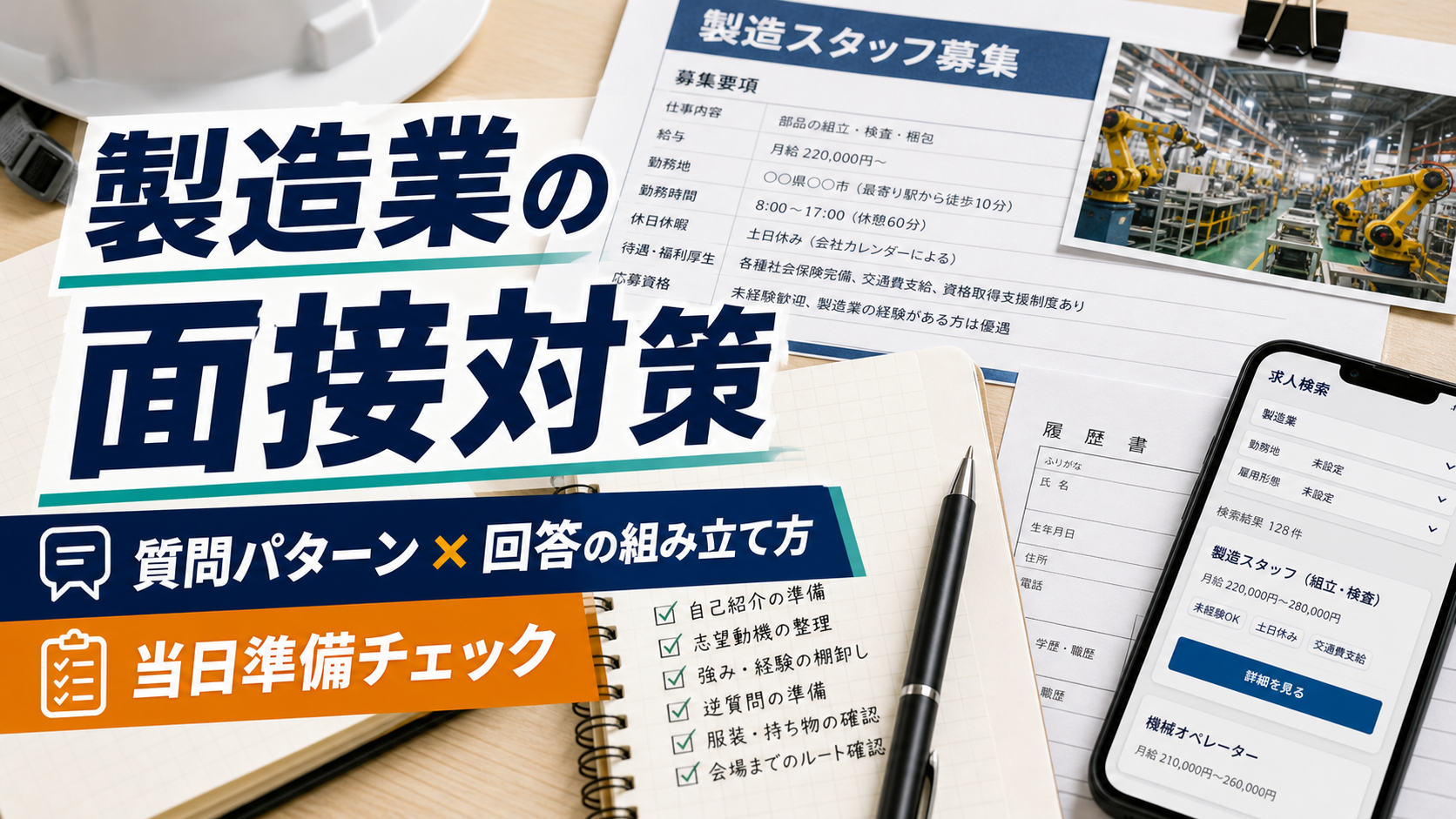 製造業の面接対策｜よく聞かれる質問と回答の組み立て方・当日準備まで解説の要点をタイトル文字中心で伝えるアイキャッチ画像