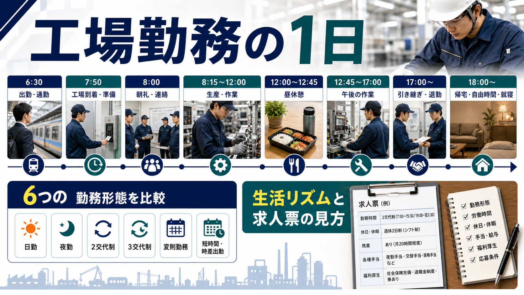 工場勤務の1日｜3交代制を含む6つの働き方とリアルな生活リズムの要点をタイトル文字中心で伝えるアイキャッチ画像