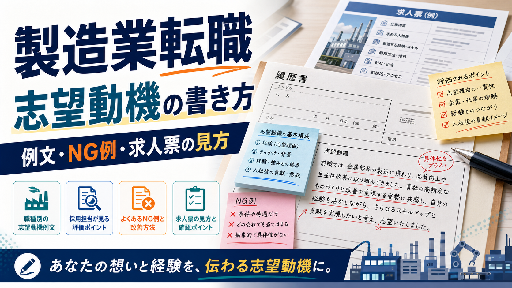 製造業転職の志望動機｜採用担当が評価する書き方と職種別例文の要点をタイトル文字中心で伝えるアイキャッチ画像