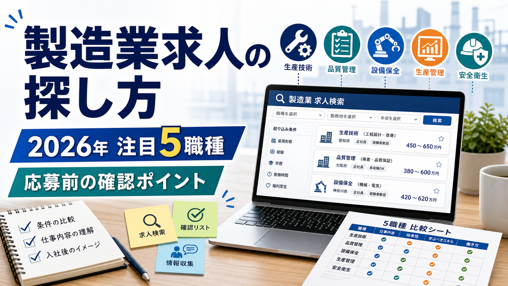 製造業求人の探し方｜2026年注目の5職種と応募前の確認ポイントの要点をタイトル文字中心で伝えるアイキャッチ画像