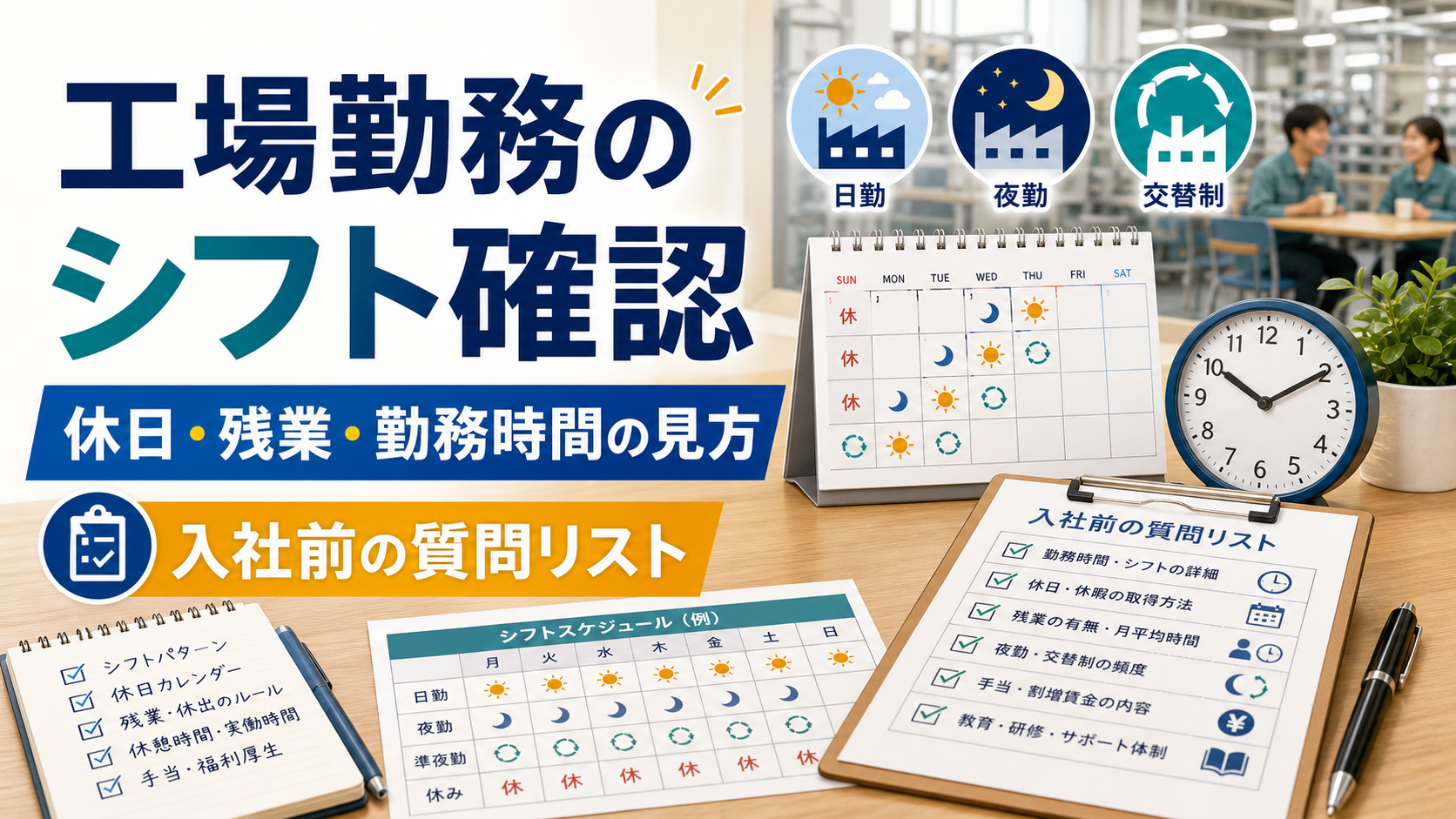 工場勤務のシフト確認｜入社前に聞きたい休日と残業のポイントの要点をタイトル文字中心で伝えるアイキャッチ画像