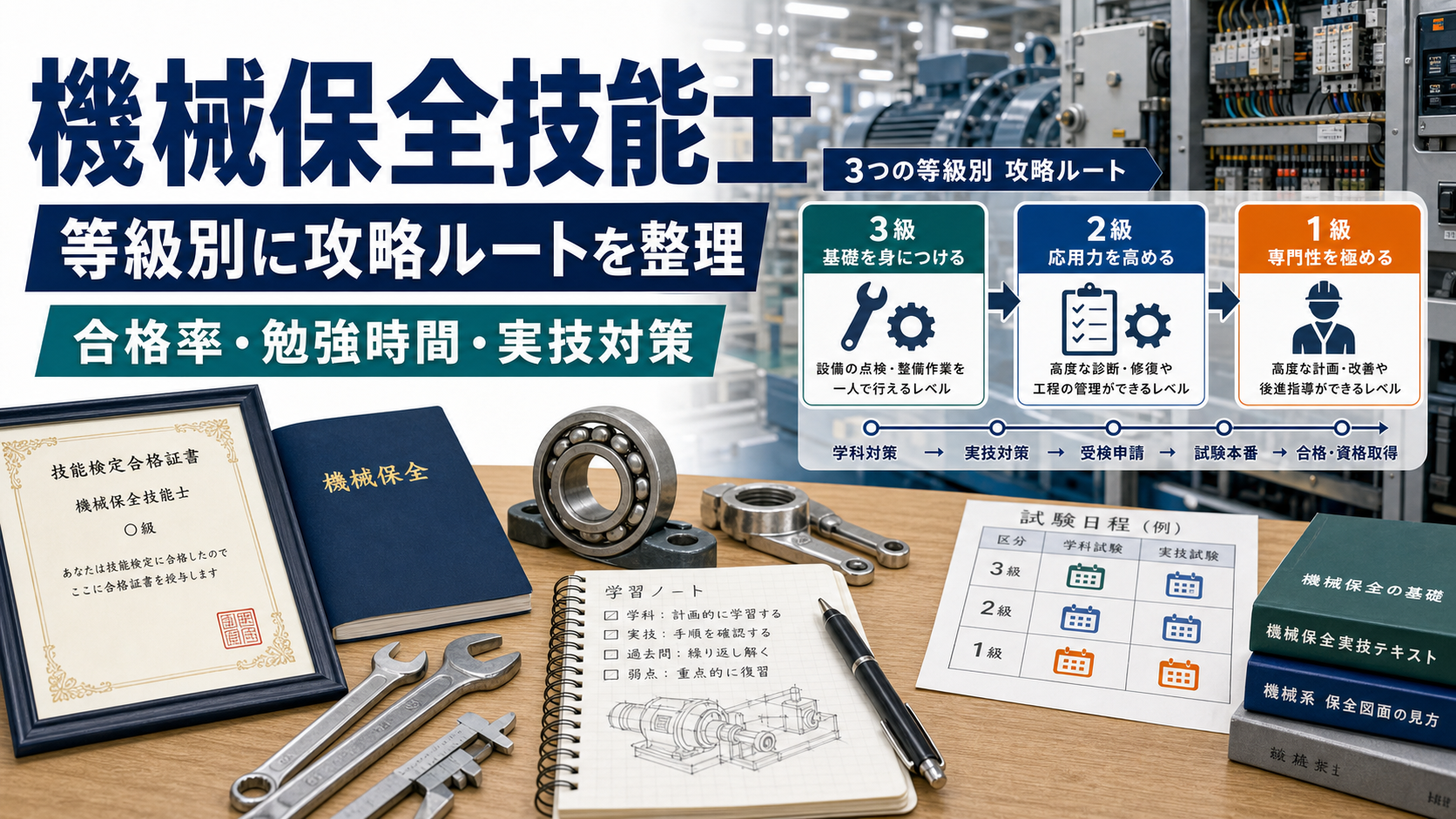 機械保全技能士の取り方｜3つの等級別に合格率と勉強法を解説の要点をタイトル文字中心で伝えるアイキャッチ画像