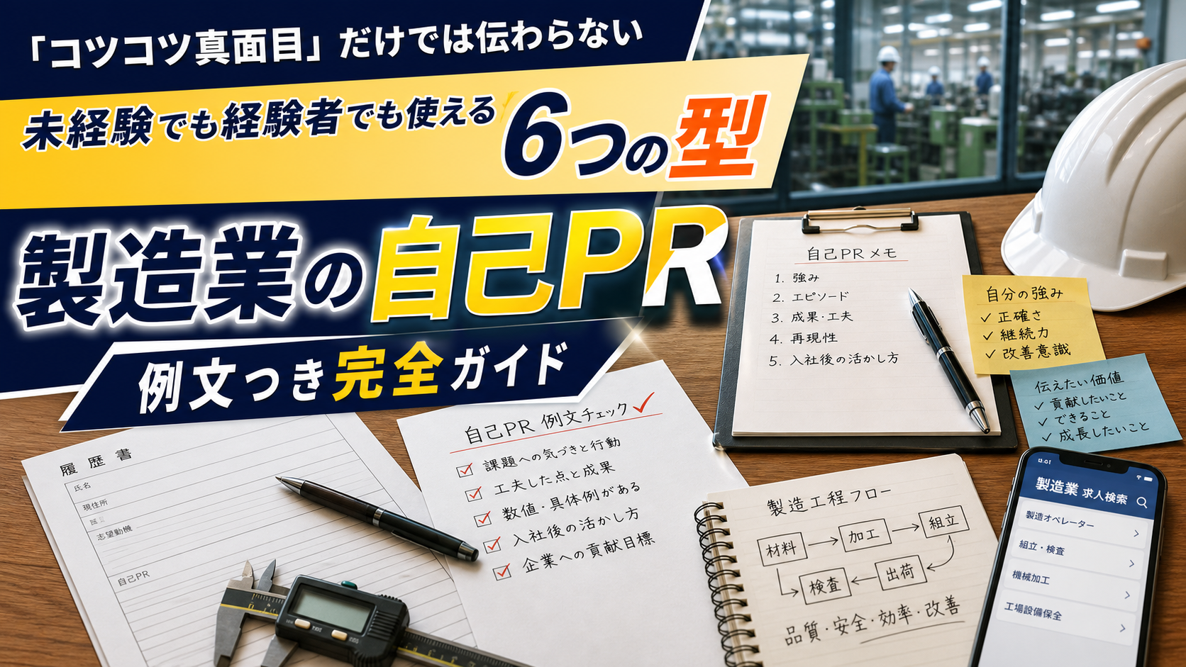 製造業の自己PR｜未経験でも刺さる6つの型と例文集の要点をタイトル文字中心で伝えるアイキャッチ画像