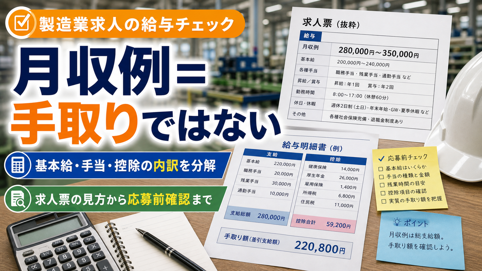 製造業求人の「月収例」の見方を徹底解説｜基本給・手当・手取りの違いから求人選びまでの要点をタイトル文字中心で伝えるアイキャッチ画像