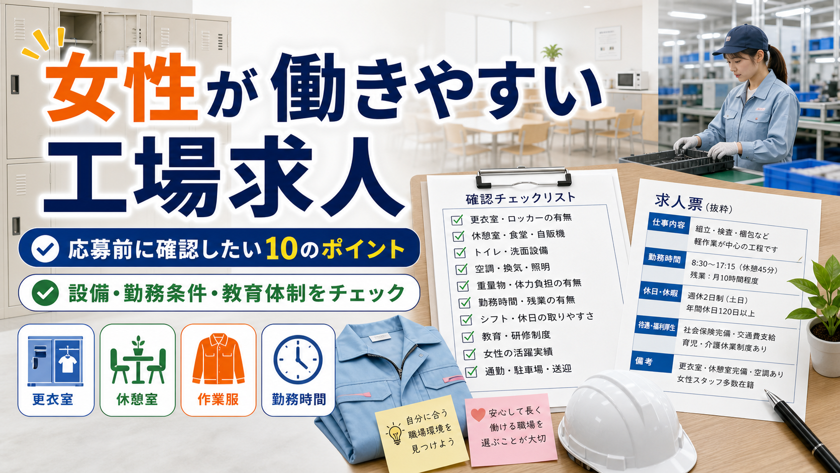 女性が働きやすい工場求人｜応募前に確認したい設備と勤務条件の要点をタイトル文字中心で伝えるアイキャッチ画像