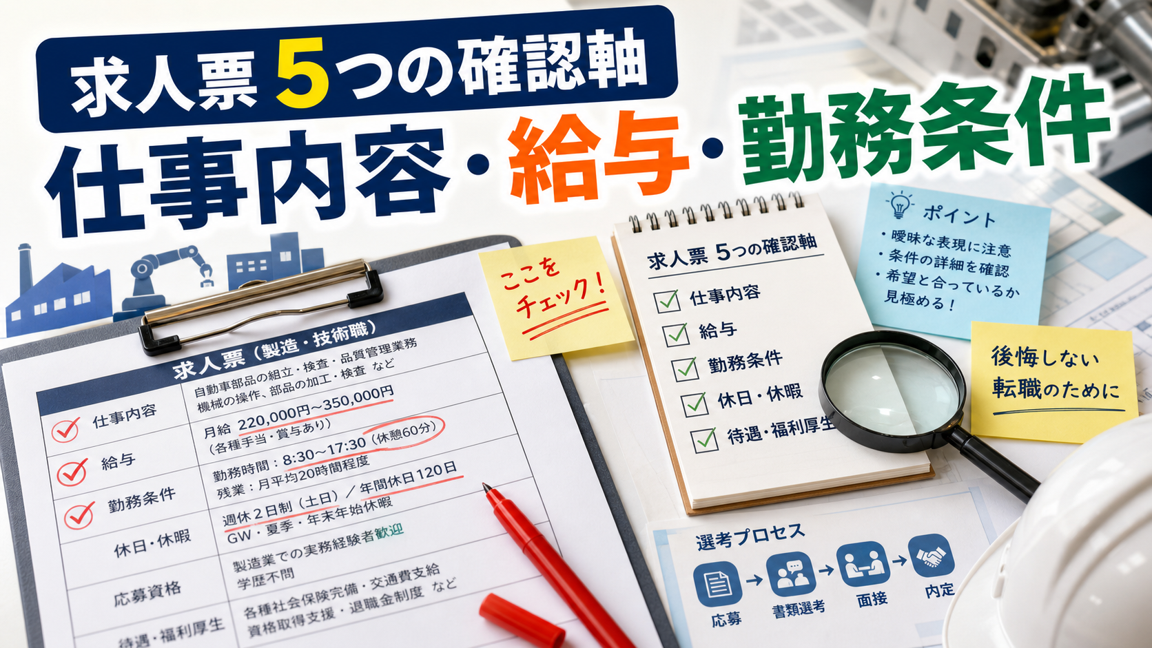 製造業転職で後悔しない求人確認｜仕事内容と条件の見方の要点をタイトル文字中心で伝えるアイキャッチ画像