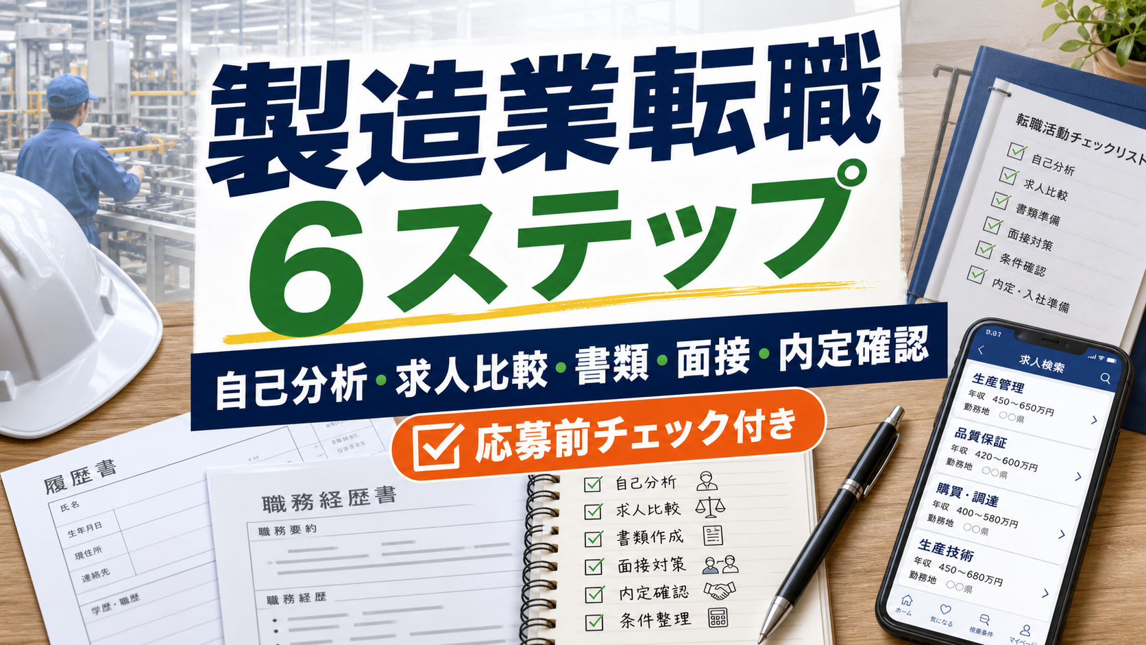 製造業の転職活動の進め方｜6ステップで内定まで進む全手順の要点をタイトル文字中心で伝えるアイキャッチ画像