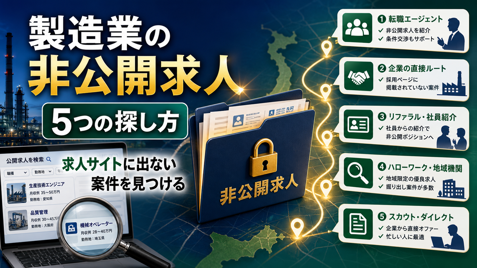 製造業の非公開求人とは？好条件案件を見つける5つの方法と活用術【2026年版】の要点をタイトル文字中心で伝えるアイキャッチ画像
