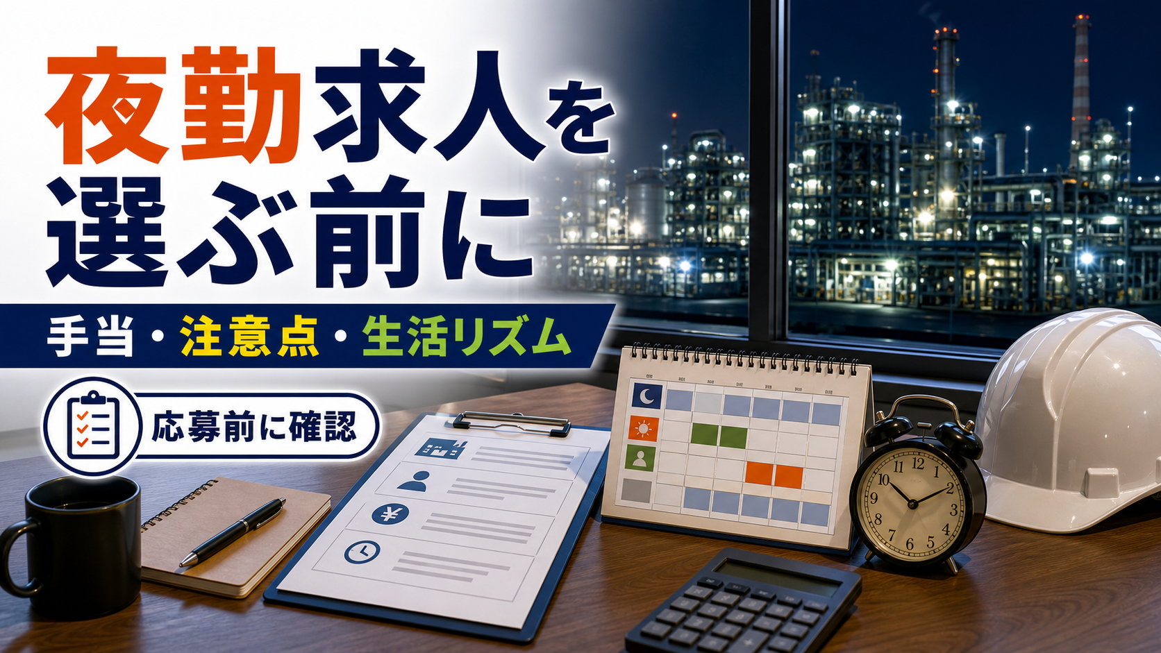 工場の夜勤求人を選ぶ前に｜メリット・注意点・生活リズムの整え方の要点をタイトル文字中心で伝えるアイキャッチ画像