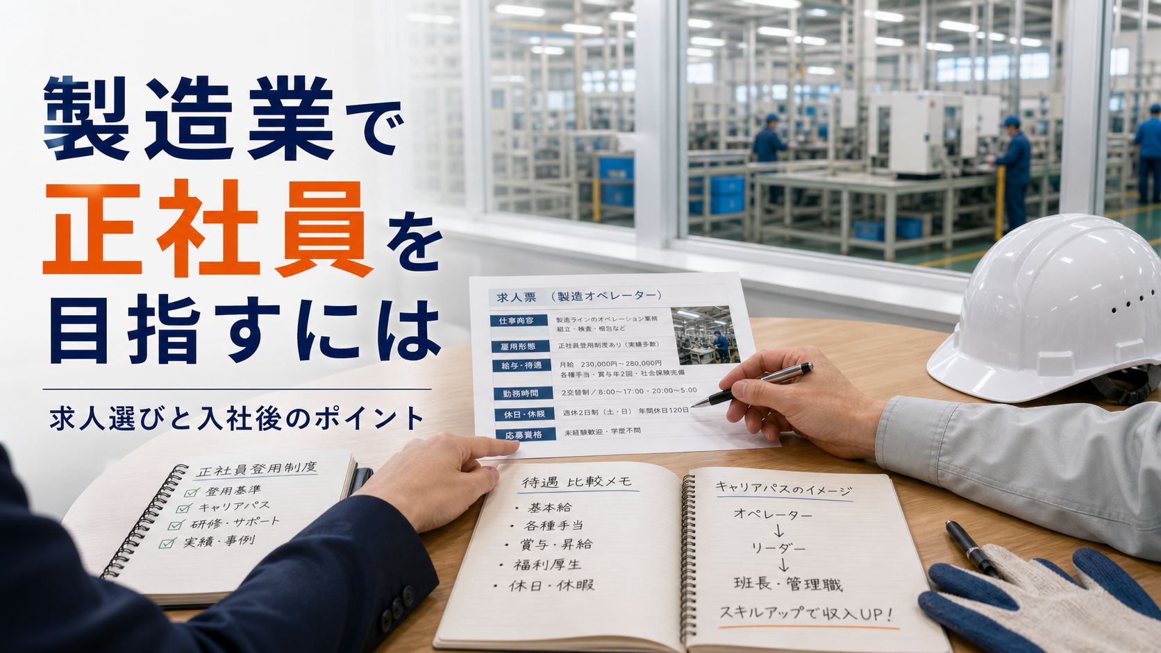 製造業で正社員を目指すには｜求人選びと入社後に意識したいポイントの要点をタイトル文字中心で伝えるアイキャッチ画像