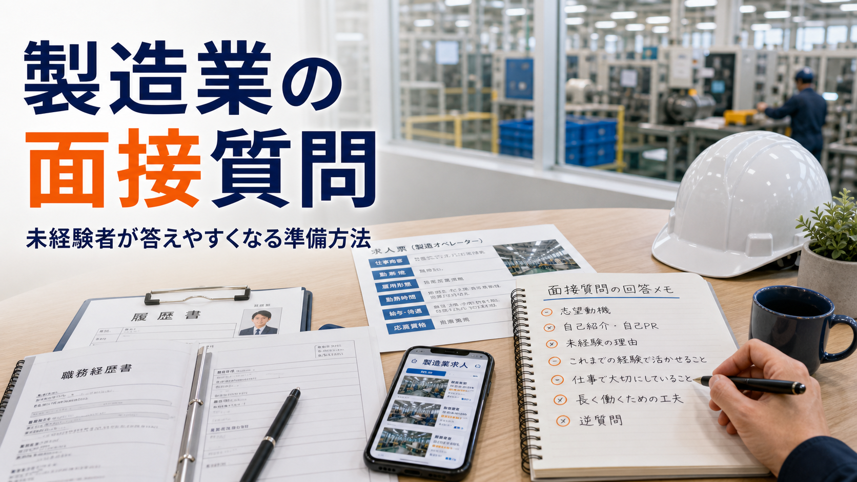 製造業の面接でよく聞かれる質問｜未経験者が答えやすくなる準備方法の要点をタイトル文字中心で伝えるアイキャッチ画像
