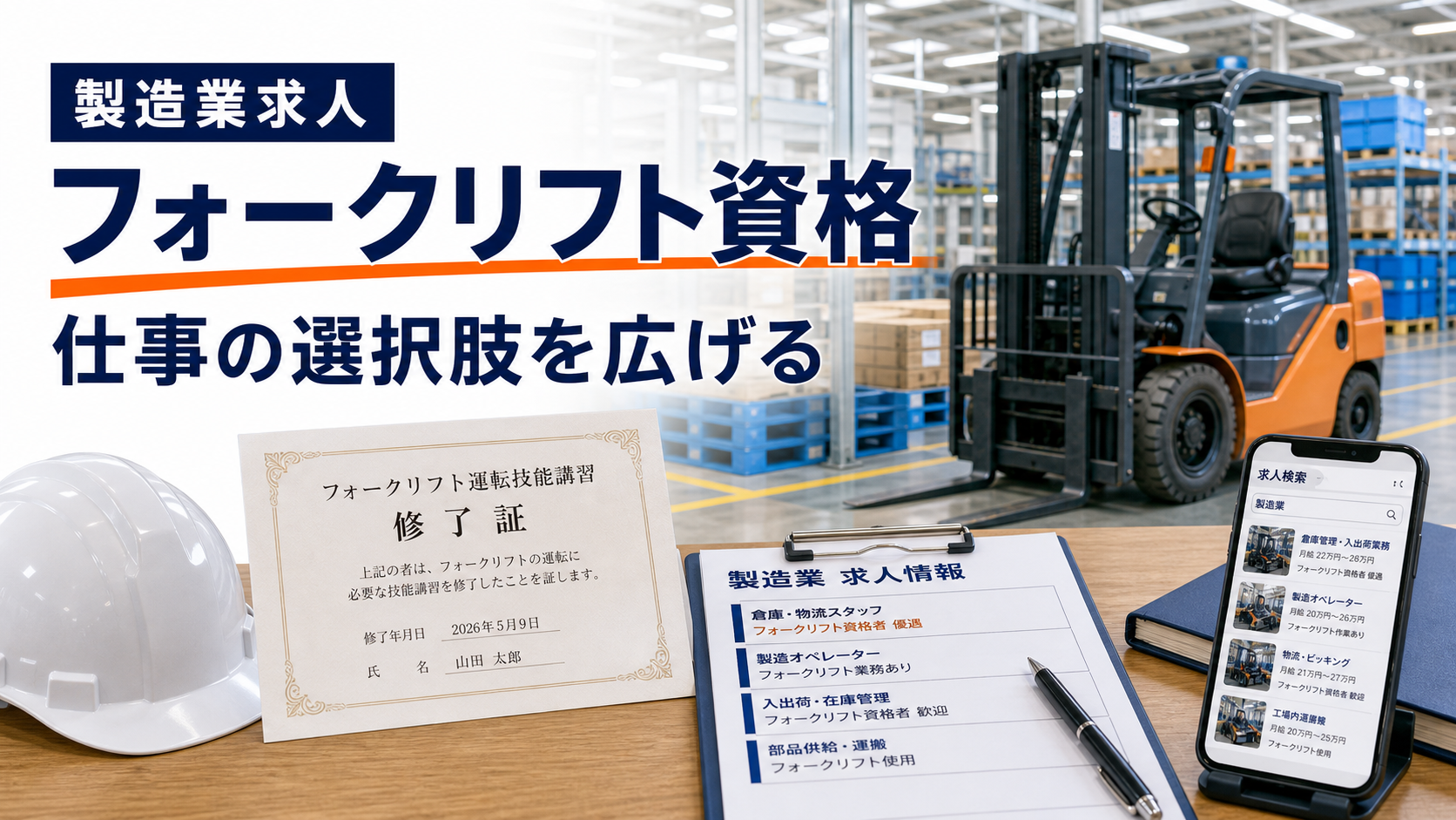 フォークリフト資格を取るメリット｜製造業求人で広がる仕事の選択肢の要点をタイトル文字中心で伝えるアイキャッチ画像