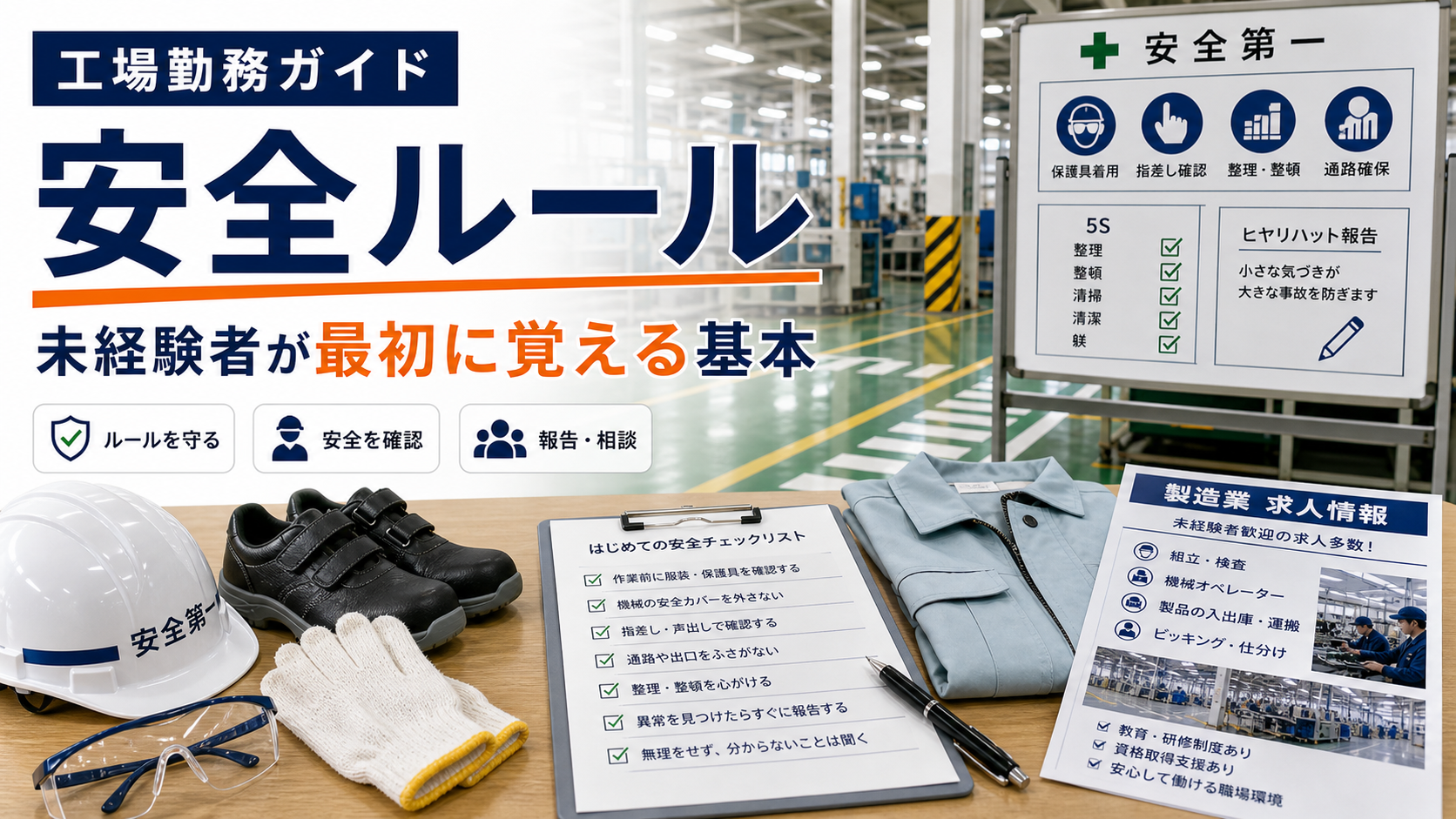 工場勤務で最初に覚えたい安全ルール｜未経験者が安心して働くための基本の要点をタイトル文字中心で伝えるアイキャッチ画像