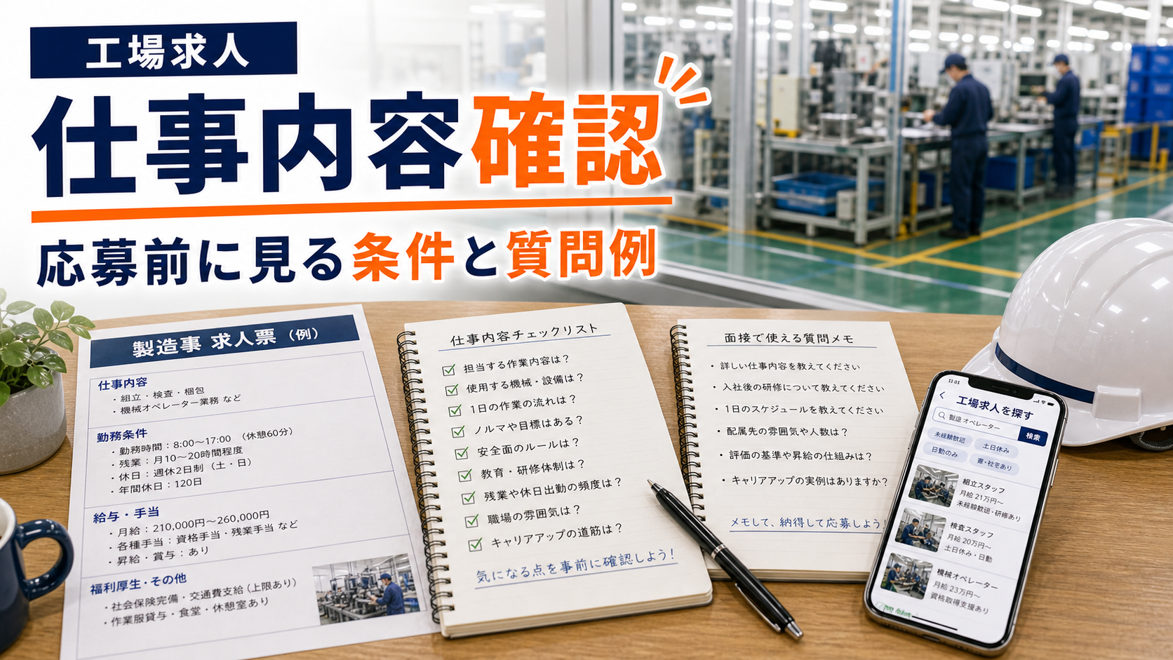 工場求人の仕事内容確認｜応募前に見るべき条件と質問例の要点をタイトル文字中心で伝えるアイキャッチ画像