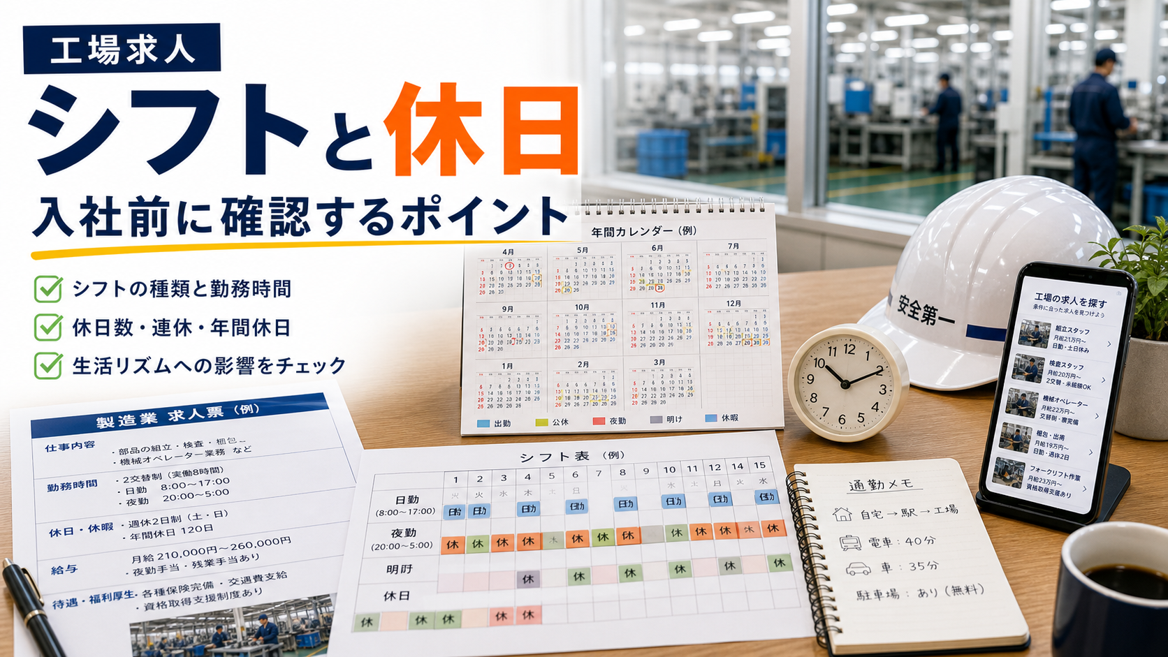 工場求人のシフトと休日の見方｜入社後に後悔しない確認ポイントの要点をタイトル文字中心で伝えるアイキャッチ画像
