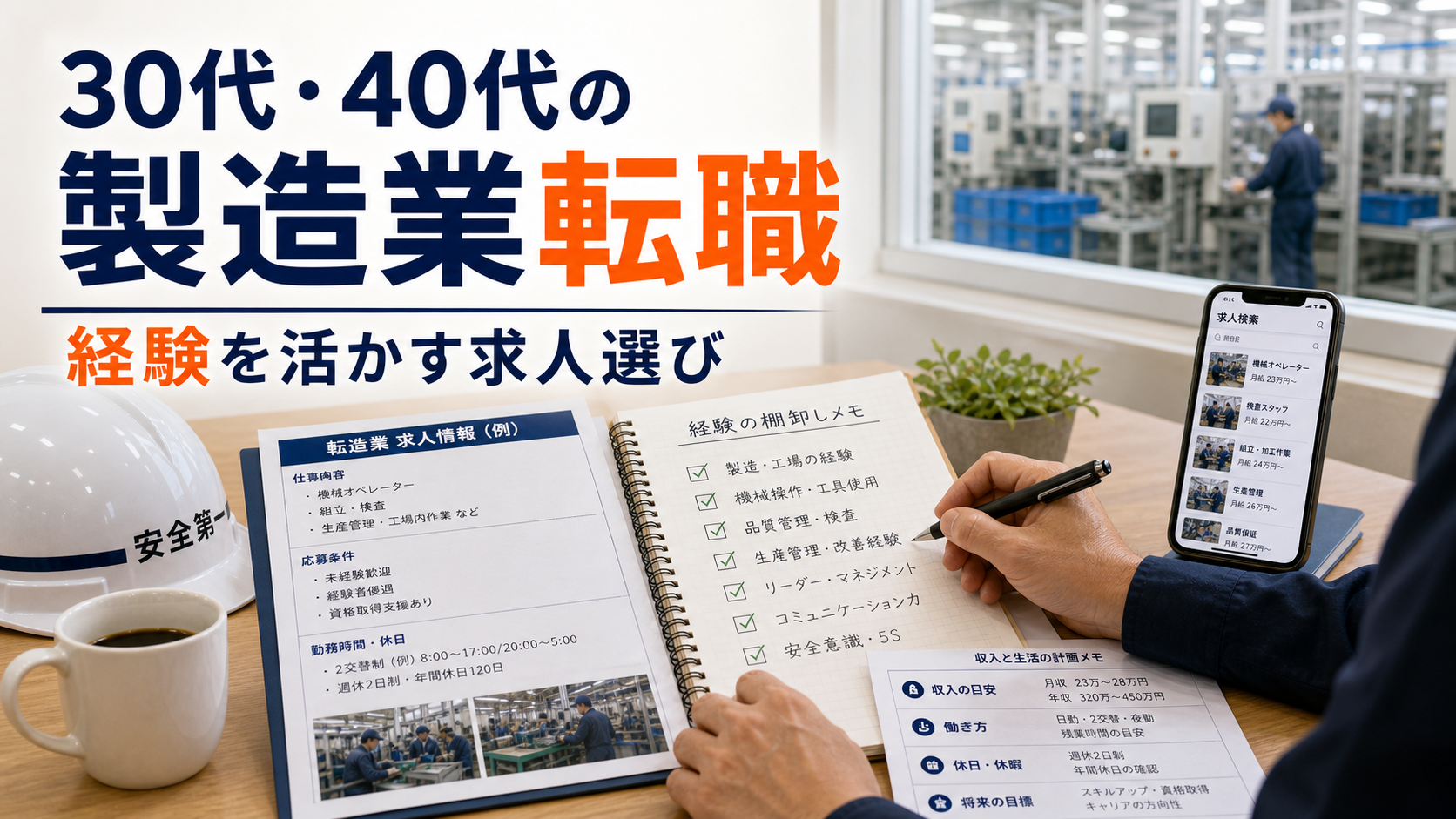 30代・40代から製造業へ転職できる？経験を活かして選びたい求人の考え方の要点をタイトル文字中心で伝えるアイキャッチ画像