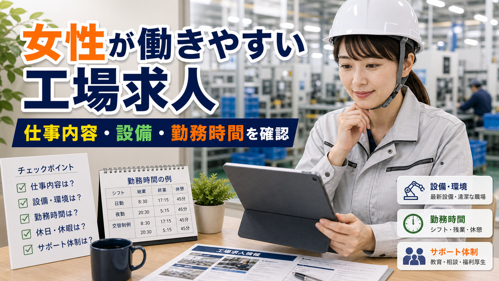 女性が働きやすい工場求人の見つけ方｜仕事内容・設備・勤務時間の確認ポイントの要点をタイトル文字中心で伝えるアイキャッチ画像