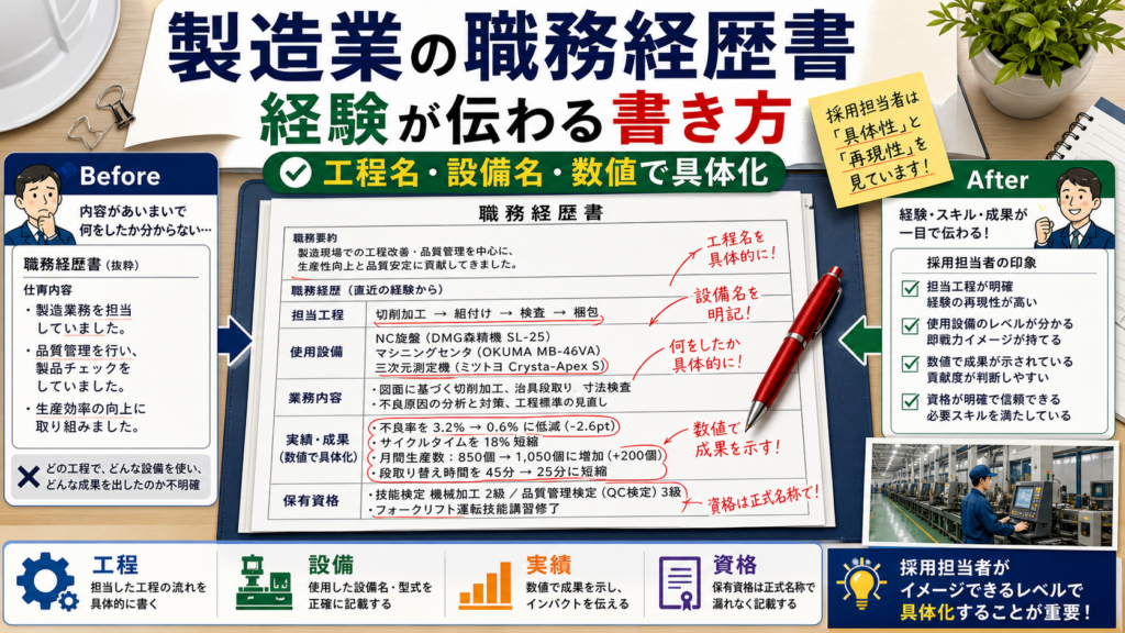 製造業の職務経歴書の書き方｜採用担当者に伝わる構成・数値化・実例を徹底解説の要点をタイトル文字中心で伝えるアイキャッチ画像