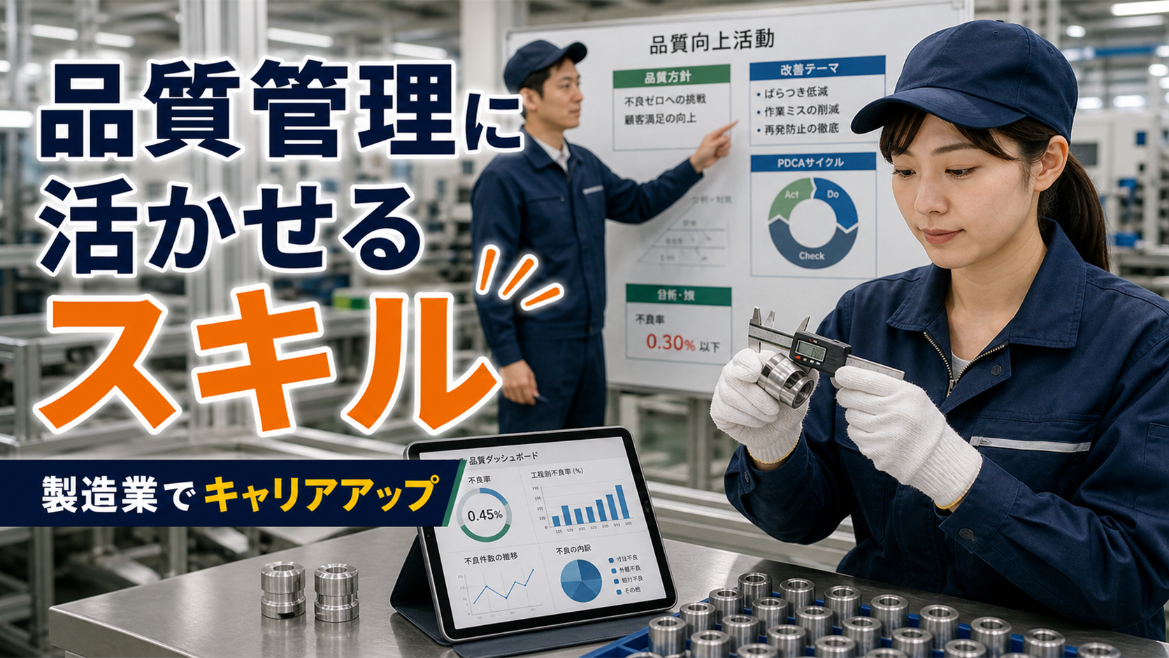 品質管理に活かせるスキル｜製造業でキャリアアップを目指す人への要点をタイトル文字中心で伝えるアイキャッチ画像