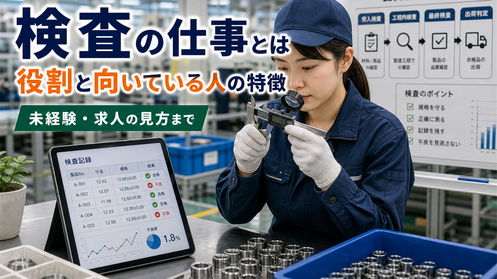 検査の仕事とは｜製造業で求められる役割と向いている人の特徴の要点をタイトル文字中心で伝えるアイキャッチ画像