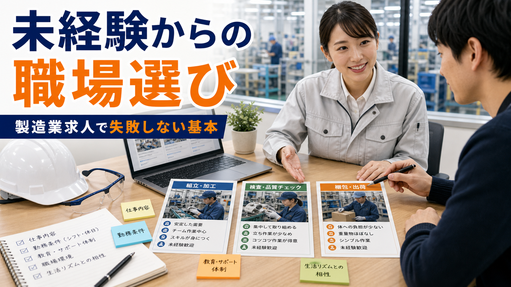 製造業求人で未経験から失敗しない職場選びの基本の要点をタイトル文字中心で伝えるアイキャッチ画像