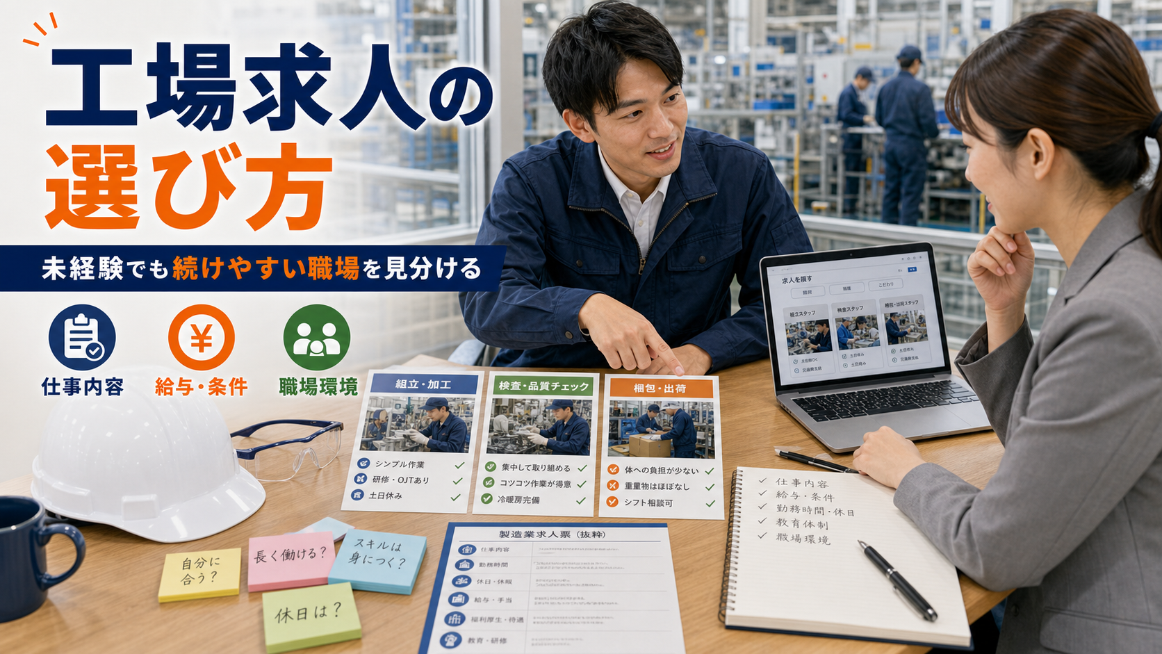 工場求人の選び方｜未経験でも続けやすい職場の見分け方の要点をタイトル文字中心で伝えるアイキャッチ画像