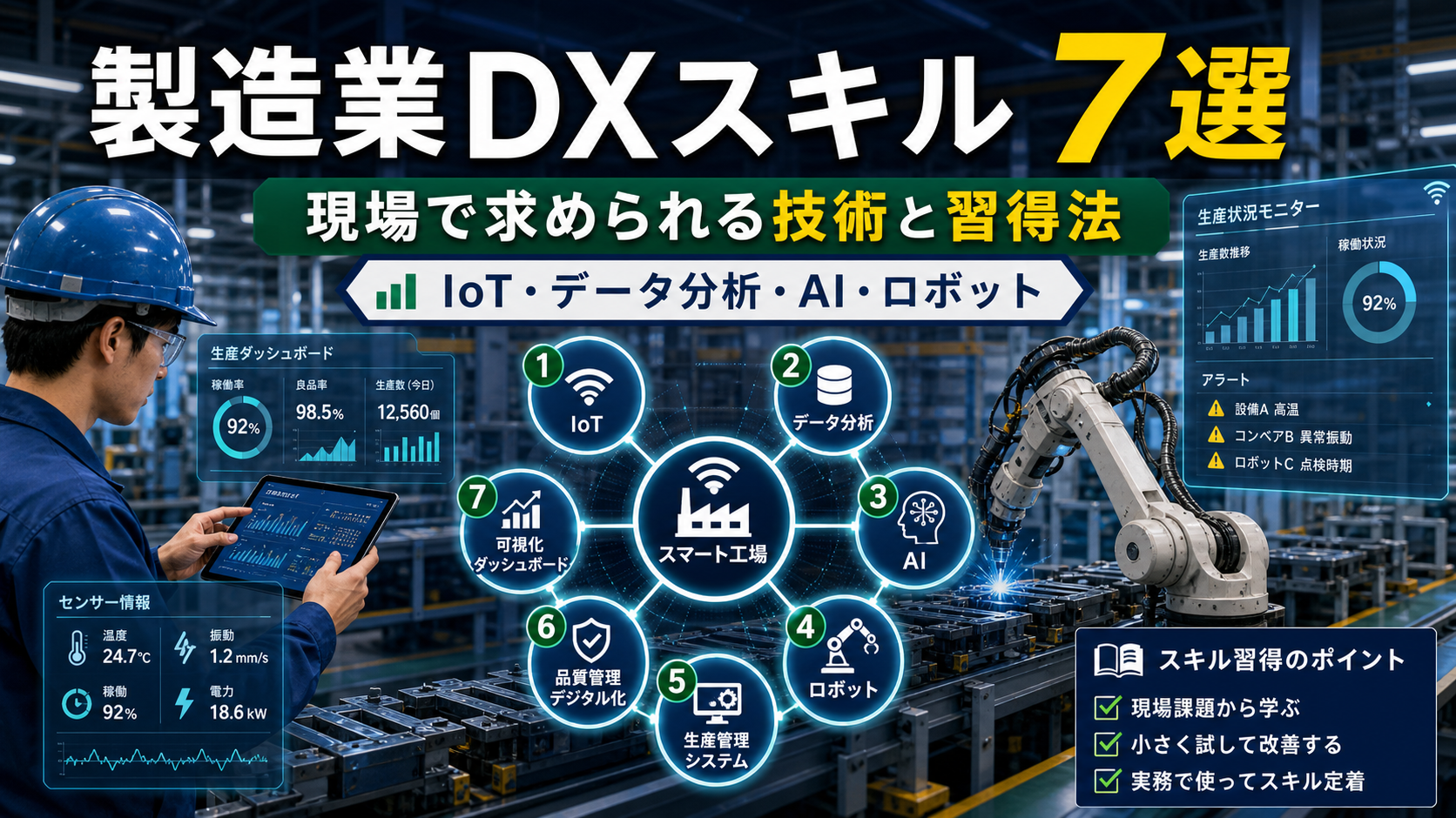 製造業DXスキル7選｜2026年に現場で求められる技術と習得法の要点をタイトル文字中心で伝えるアイキャッチ画像