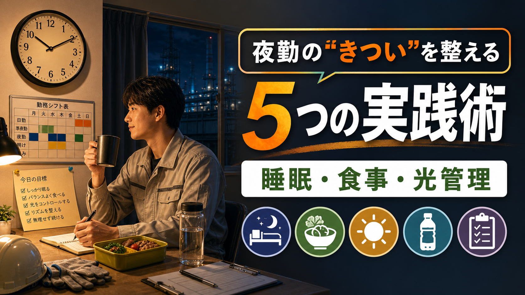 工場勤務の夜勤はきつい？5つの対策と健康管理の実践術【2026年版】の要点をタイトル文字中心で伝えるアイキャッチ画像