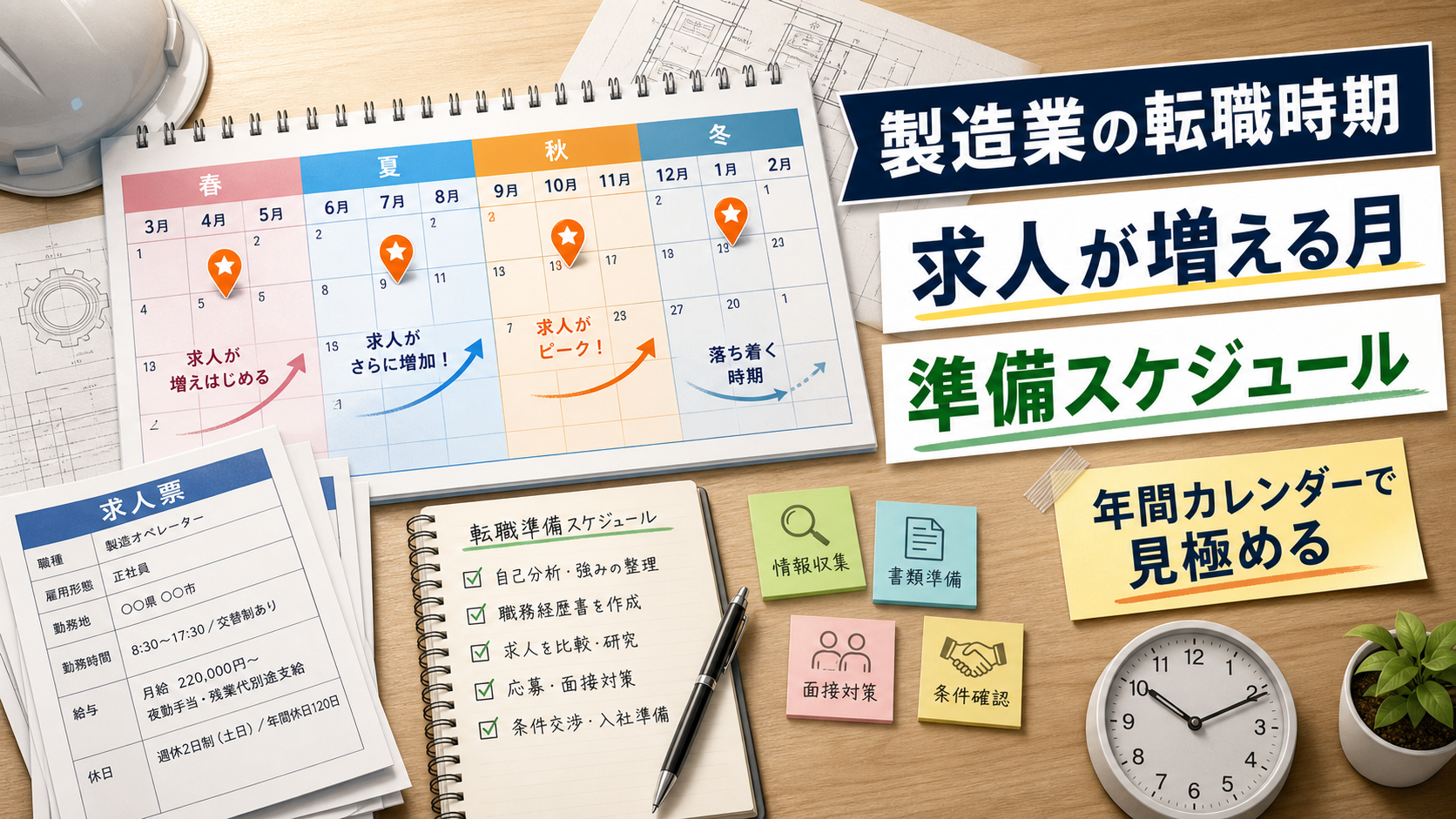 製造業の転職時期｜求人が増える月と準備スケジュールを徹底解説の要点をタイトル文字中心で伝えるアイキャッチ画像