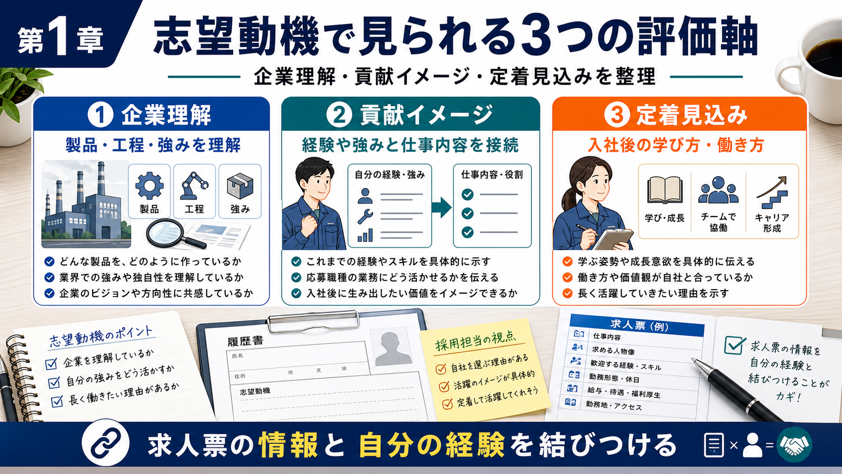 第1章「製造業の志望動機で採用担当が見ている3つの評価軸」の要点を整理したインフォグラフィック。採用担当が志望動機で確認する3つの評価軸（企業理解の深さ・貢献イメージの具体性・定着見込みの根拠）を図解し、経験者・未経験者別の配分目安を表で示した解説図
