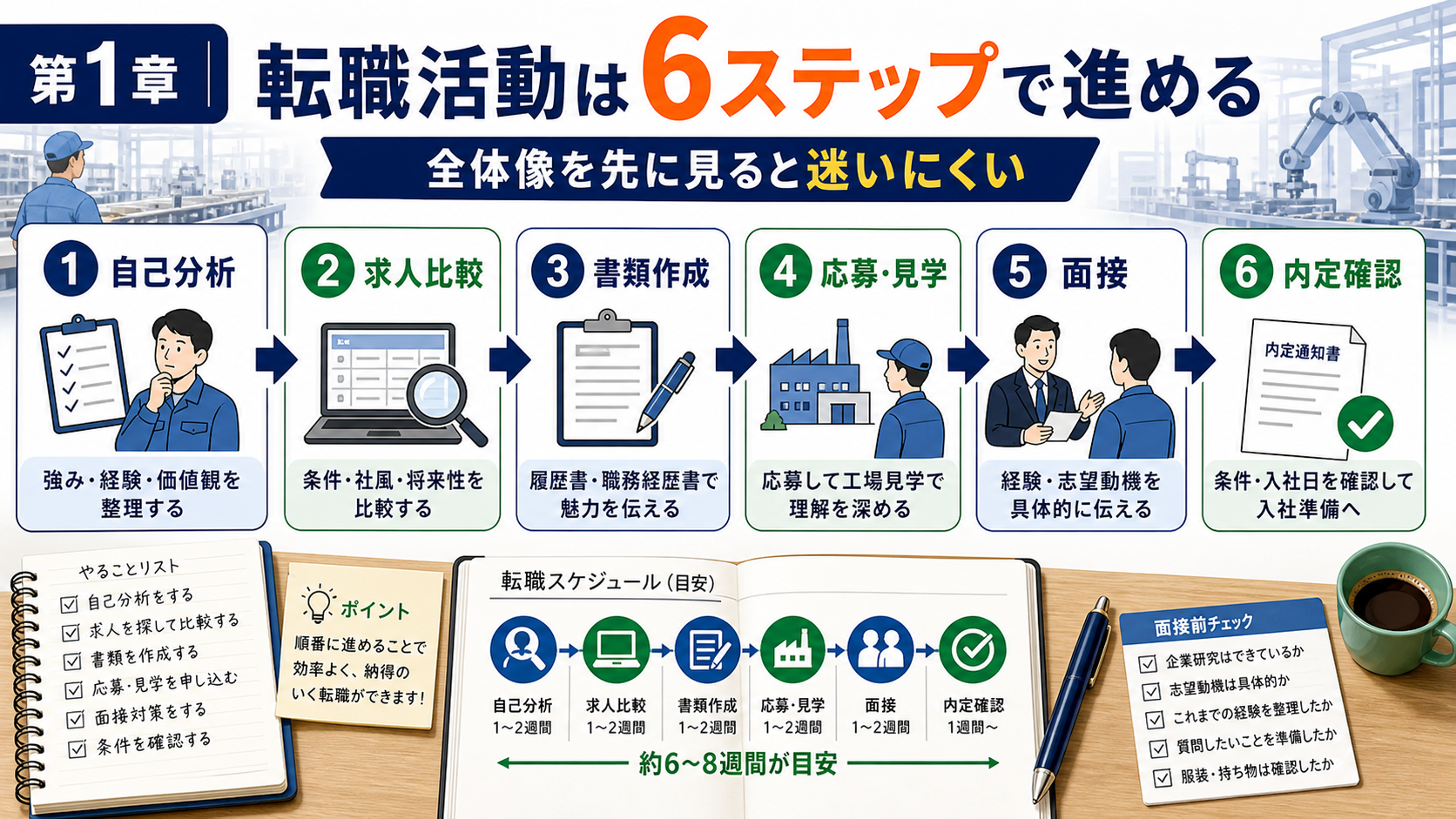 第1章「製造業の転職活動を6ステップで整理する全体像」の要点を整理したインフォグラフィック。製造業の転職活動を自己分析から内定承諾・退職交渉まで6ステップのフロー図で整理し、一般的な転職との違いと活動期間の目安を示した全体像