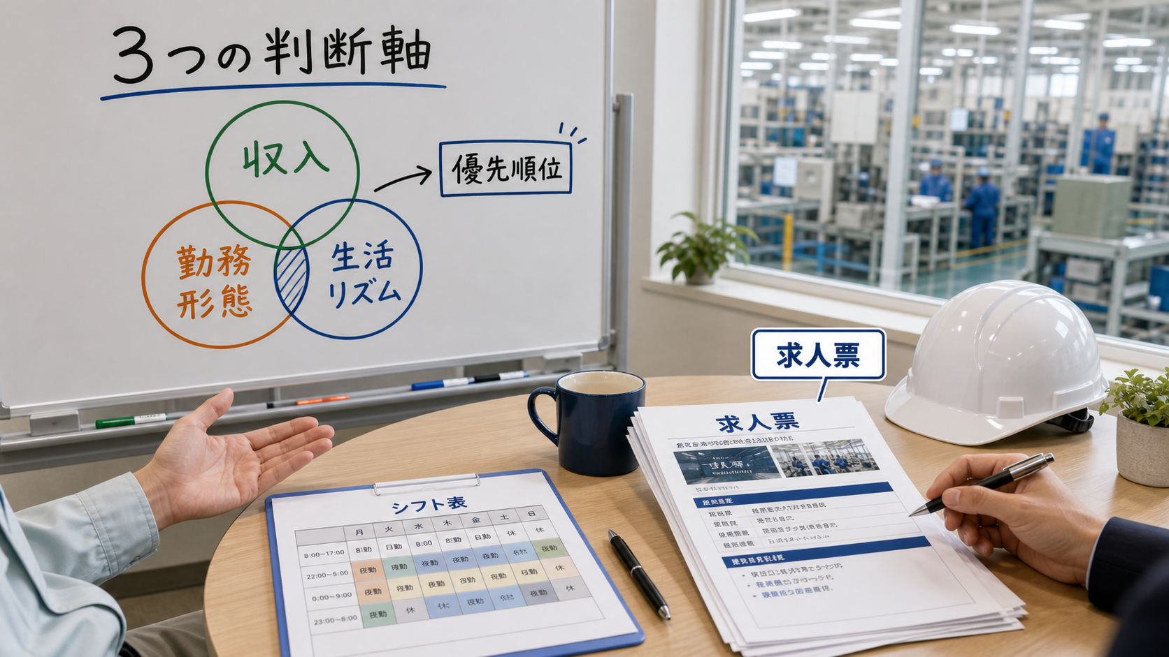 第1章「夜勤求人で最初に確認すべき3つの判断軸」の要点を整理したインフォグラフィック。夜勤求人を比較する前に決めておきたい3つの判断軸（収入・勤務形態・生活リズム）をフロー図的に整理し、求人票を効率よく読み解く手順を示す