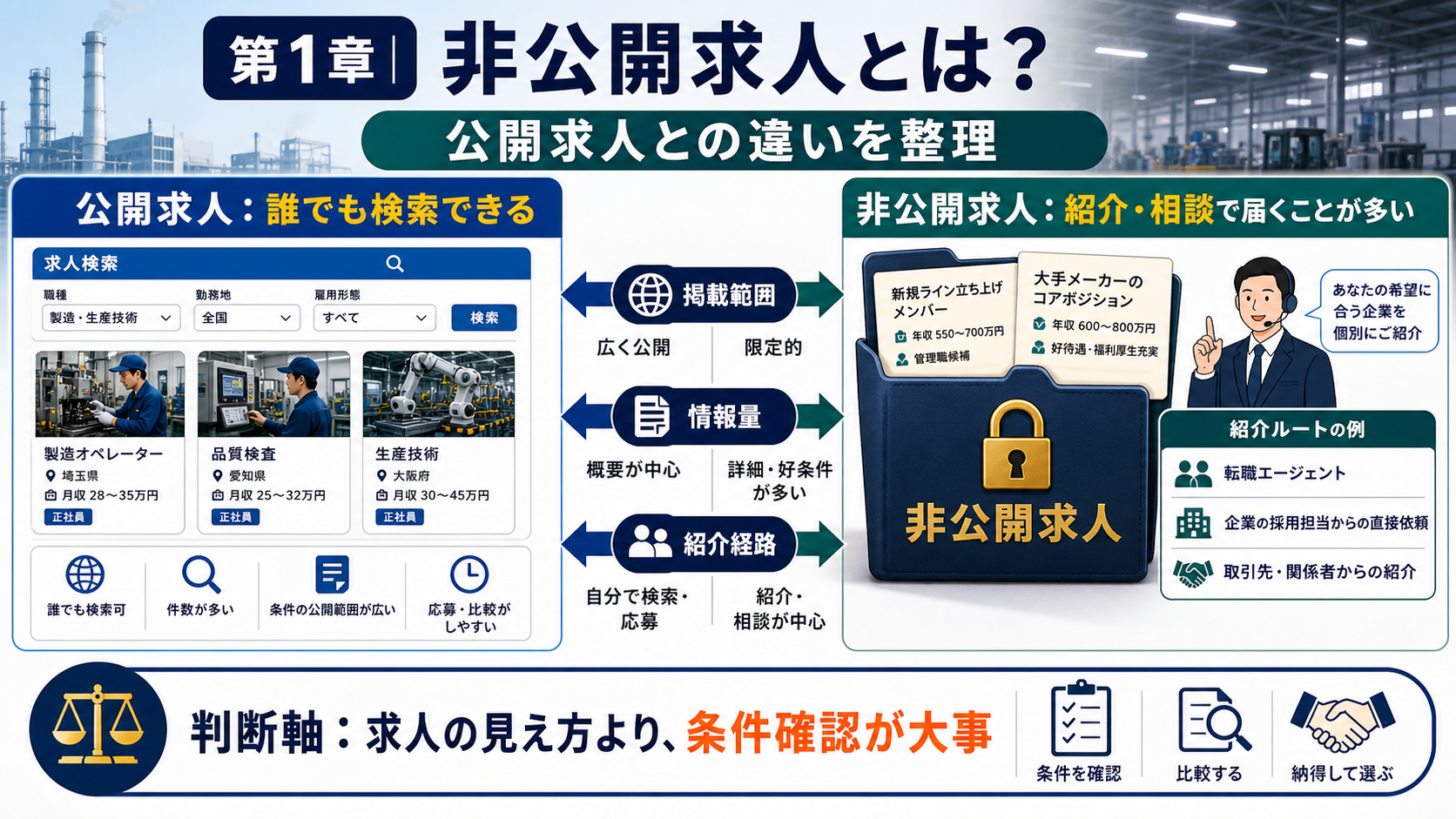 第1章「非公開求人とは何か——公開求人との違いと製造業での位置づけ」の要点を整理したインフォグラフィック。非公開求人の定義と公開求人との違いを比較表で整理し、製造業における非公開案件の割合や技術系・管理職ほど非公開比率が高い傾向を解説するフロー図付き概要
