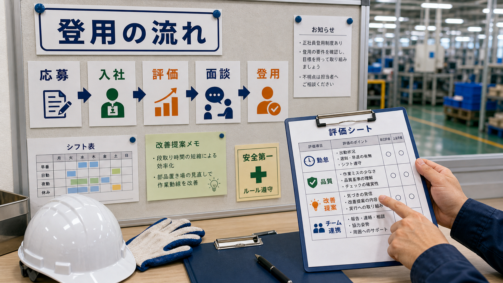 第1章「正社員登用の全体像──非正規から正社員になる流れを整理する」の要点を整理したインフォグラフィック。非正規入社から正社員登用までの一般的なステップを矢印で示すフローチャート。応募→入社・試用期間→評価期間→登用試験・面談→正社員登用の5段階