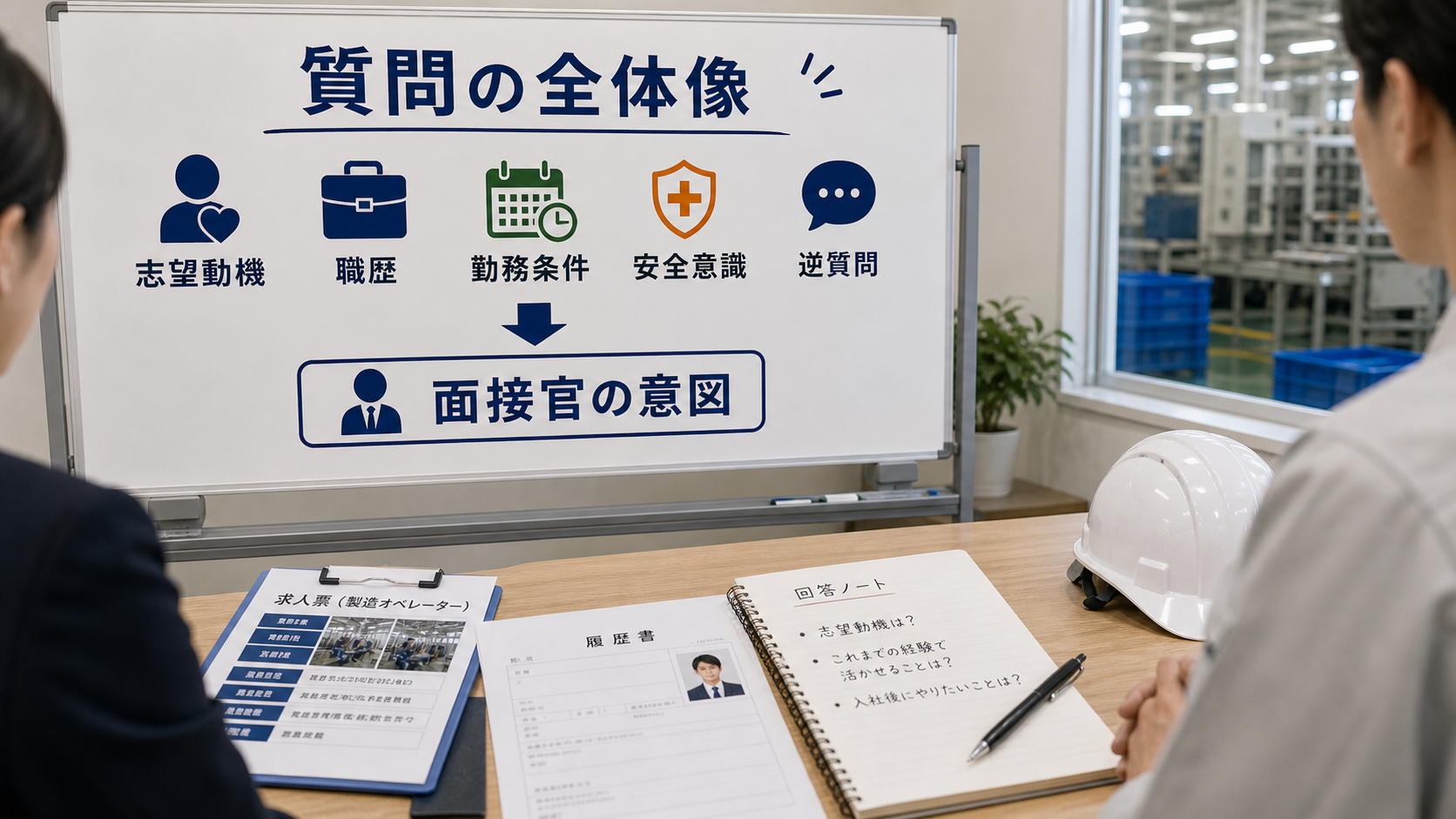第1章「製造業の面接で聞かれる質問の全体像と面接官の意図」の要点を整理したインフォグラフィック。製造業面接の質問を志望動機・前職経験・勤務条件・逆質問の4カテゴリ・10パターンに整理した全体マップ。面接官が各質問で確認したいポイントと、未経験者が準備すれば答えやすくなる構造を解説