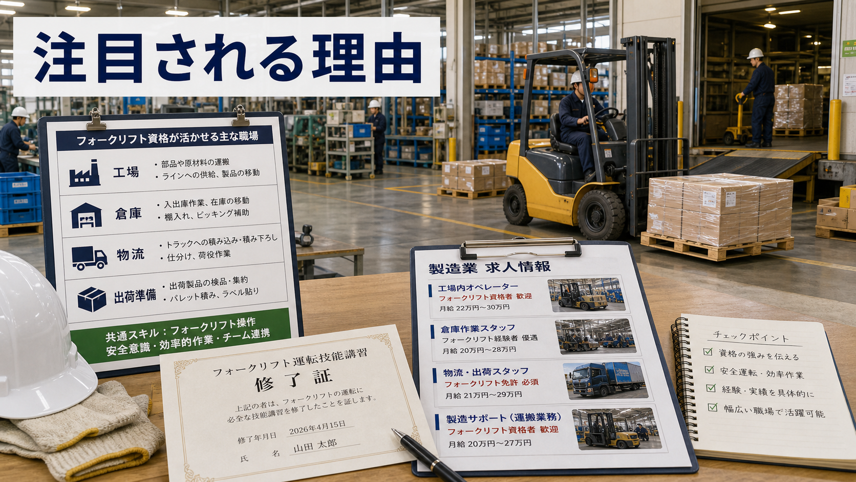 第1章「フォークリフト資格が製造業転職で注目される理由」の要点を整理したインフォグラフィック。フォークリフト資格の概要と製造業求人市場での位置づけを示す導入図。資格証・工場・倉庫のアイコンを配置し、幅広い業界で使える資格であることを視覚的に伝える。