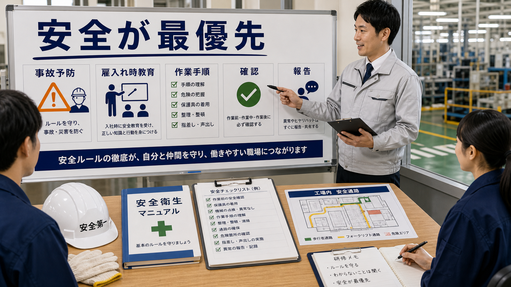 第1章「なぜ安全ルールが最優先なのか」の要点を整理したインフォグラフィック。製造業の労災データと労働安全衛生法の雇入れ時教育義務を根拠に、安全ルールが最優先である理由を伝える導入セクション