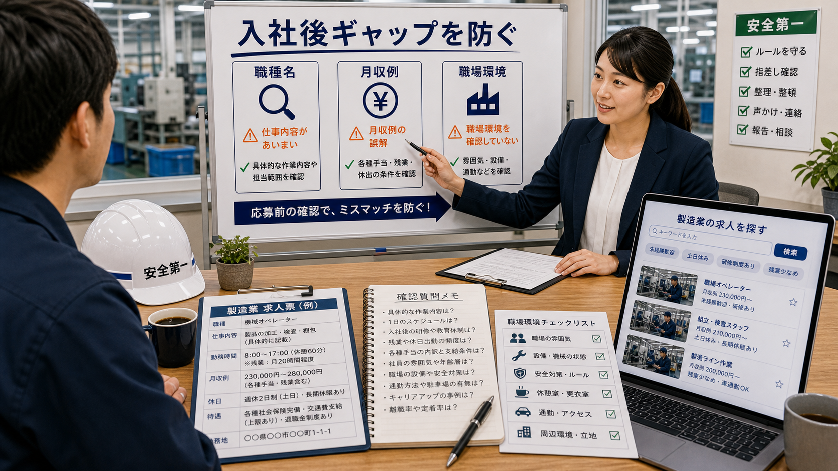 第1章「工場求人で「思っていた仕事と違った」が起きる理由」の要点を整理したインフォグラフィック。工場求人で入社後ギャップが起きる3つのパターン（職種名・月収例・職場環境）と、応募前に確認すべき3つの観点を図解的に整理した導入章