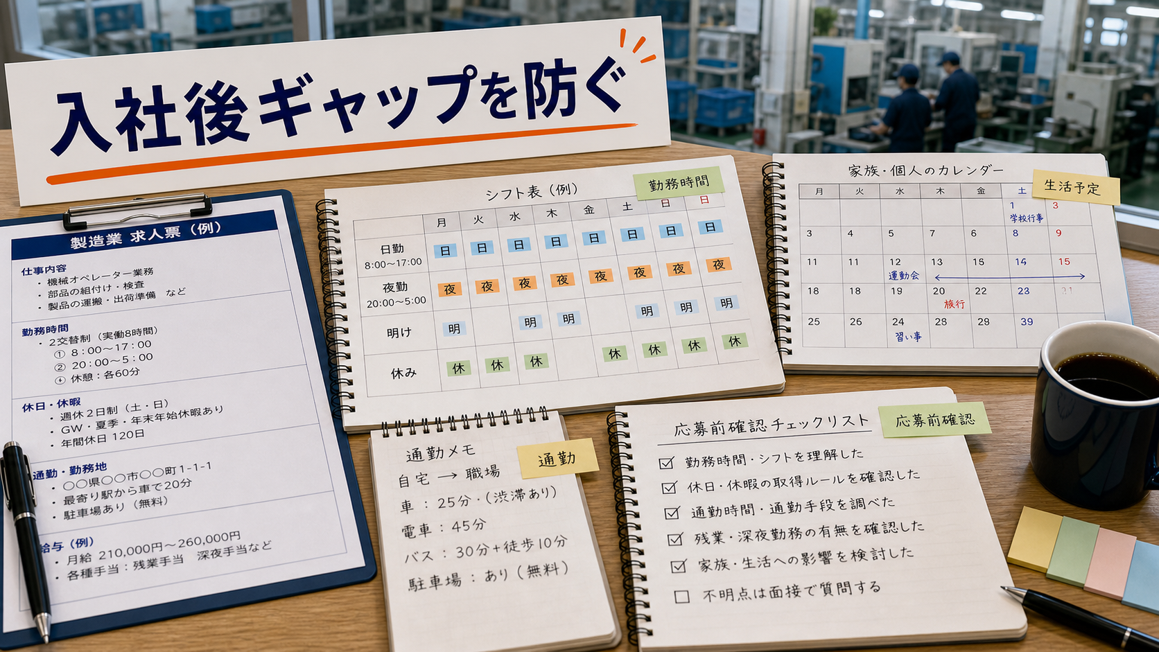 第1章「シフトと休日の確認が転職後の満足度を左右する理由」の要点を整理したインフォグラフィック。時計・カレンダー・求人票メモが並ぶテーブル俯瞰。シフトと休日の確認が転職後の満足度を左右する理由を生活感のある小物で表現