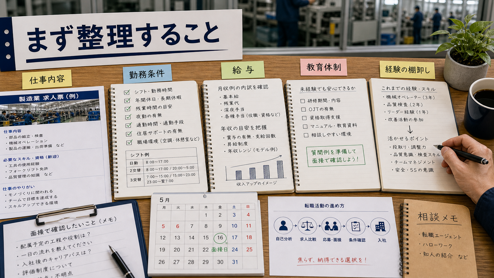 第1章「30代・40代の製造業転職、結論から整理する」の要点を整理したインフォグラフィック。ノートとペン、スマホの求人検索画面、チェックリストが並ぶデスク俯瞰。30代・40代の転職準備を象徴するドキュメント風レイアウト