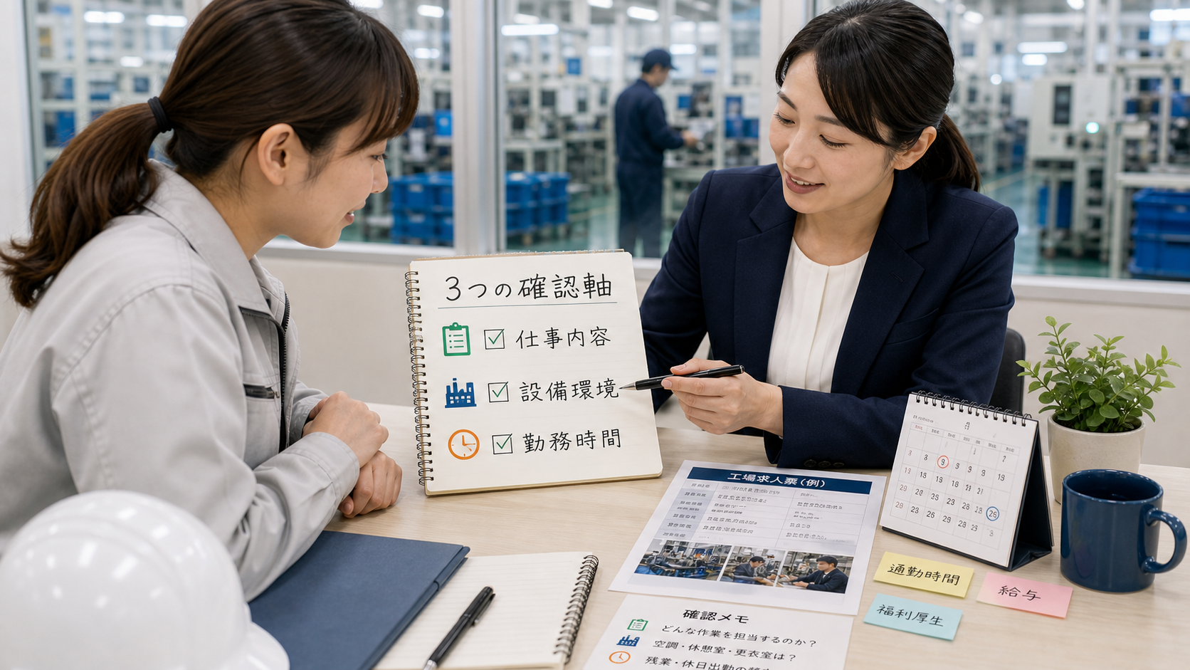 第1章「女性が工場求人を選ぶときに最初に確認すべき3つの軸」の要点を整理したインフォグラフィック。仕事内容・設備環境・勤務時間の3軸を示す図解。3つの柱で構成し、中央に判断しやすい求人選びと配置