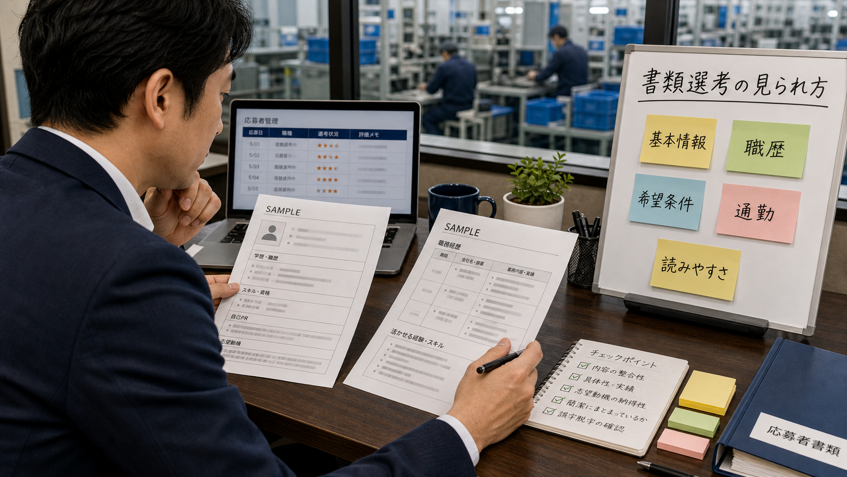 第1章「製造業の書類選考で採用担当が見ているポイント」の要点を整理したインフォグラフィック。履歴書と職務経歴書の役割の違いと、製造業の採用担当が書類選考の最初の30秒で確認する箇所を優先順位付きで解説する図解