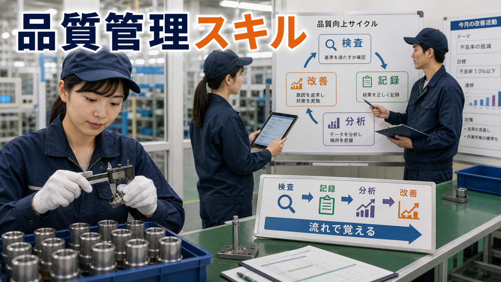 第1章「品質管理の仕事で求められるスキルの全体像」の要点を整理したインフォグラフィック。品質管理スキルの4領域（検査・記録・分析・改善）を俯瞰する図解。中央に品質管理、四方に各領域を配置し矢印で流れを示す。