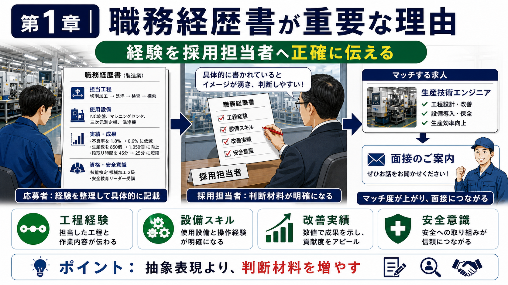 第1章「製造業の職務経歴書が書類選考を左右する理由」の要点を整理したインフォグラフィック。製造業の職務経歴書が重要な理由と記事の全体像を解説。工程・設備・数値実績の記載が他業界より重視される背景を比較表で示す。