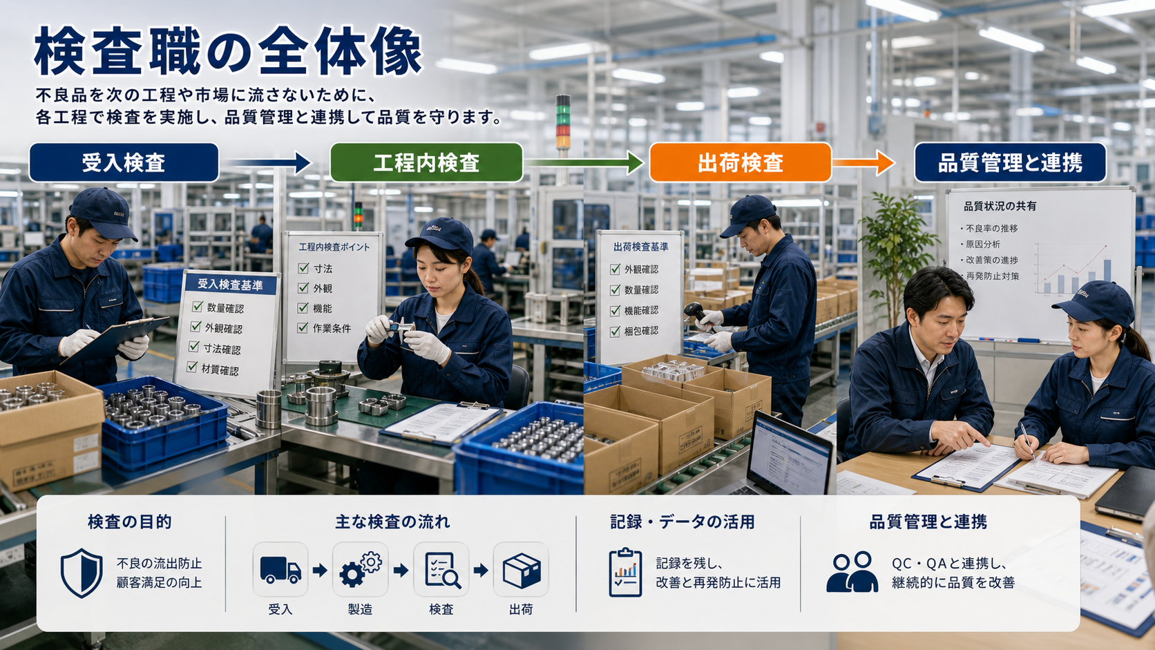 第1章「製造業における検査職の全体像」の要点を整理したインフォグラフィック。製造ラインにおける検査職の基本定義、受入検査・工程内検査・出荷検査の3段階フロー、品質管理（QC）・品質保証（QA）との違いを図解的に整理したインフォグラフィック