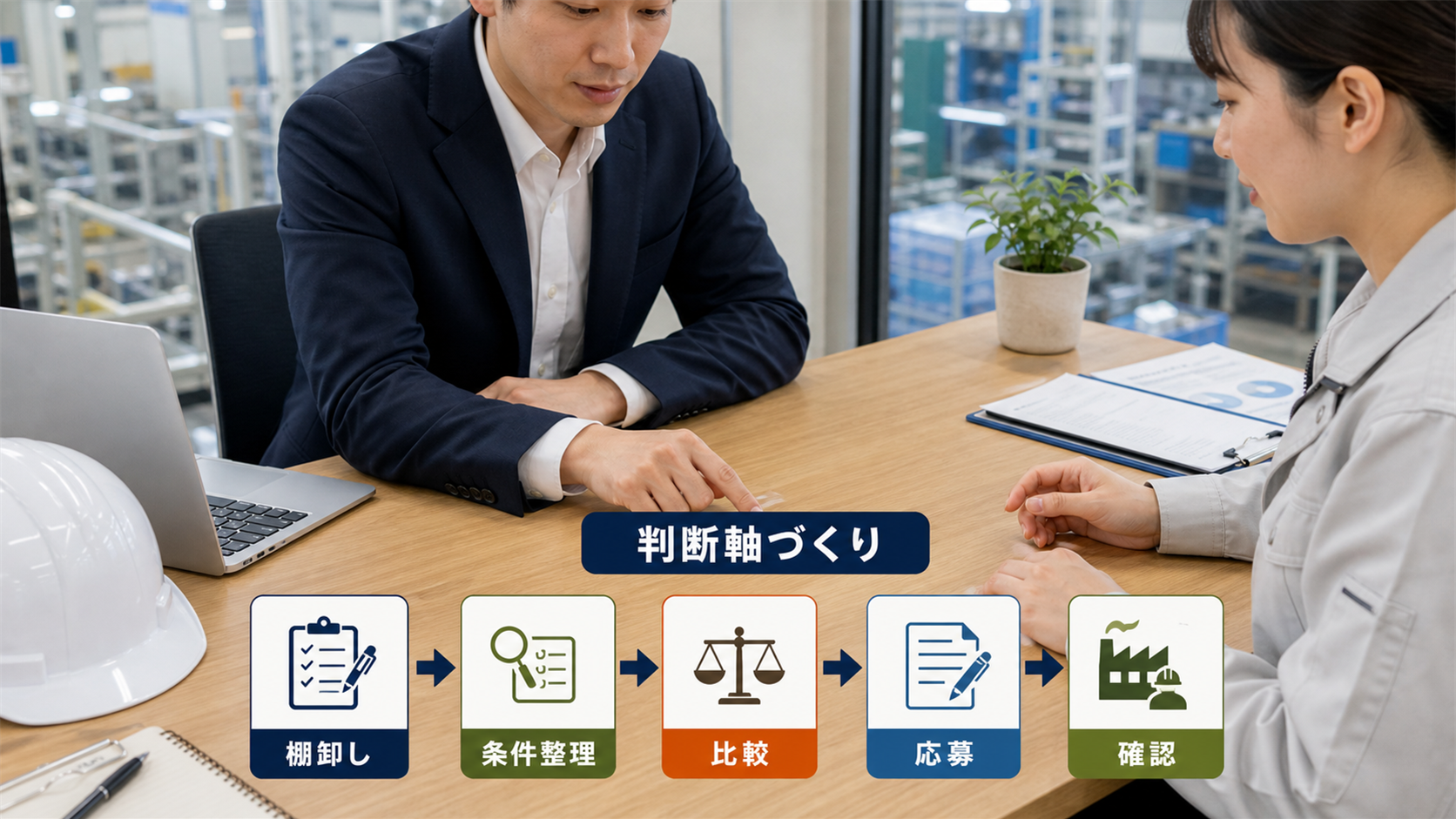 第1章「工場転職の準備は「判断軸づくり」から始まる」の要点を整理したインフォグラフィック。工場転職の準備フロー図。棚卸し→条件整理→比較→応募→確認の5ステップを矢印でつなぎ、各ステップに対応する章番号を添えた全体像
