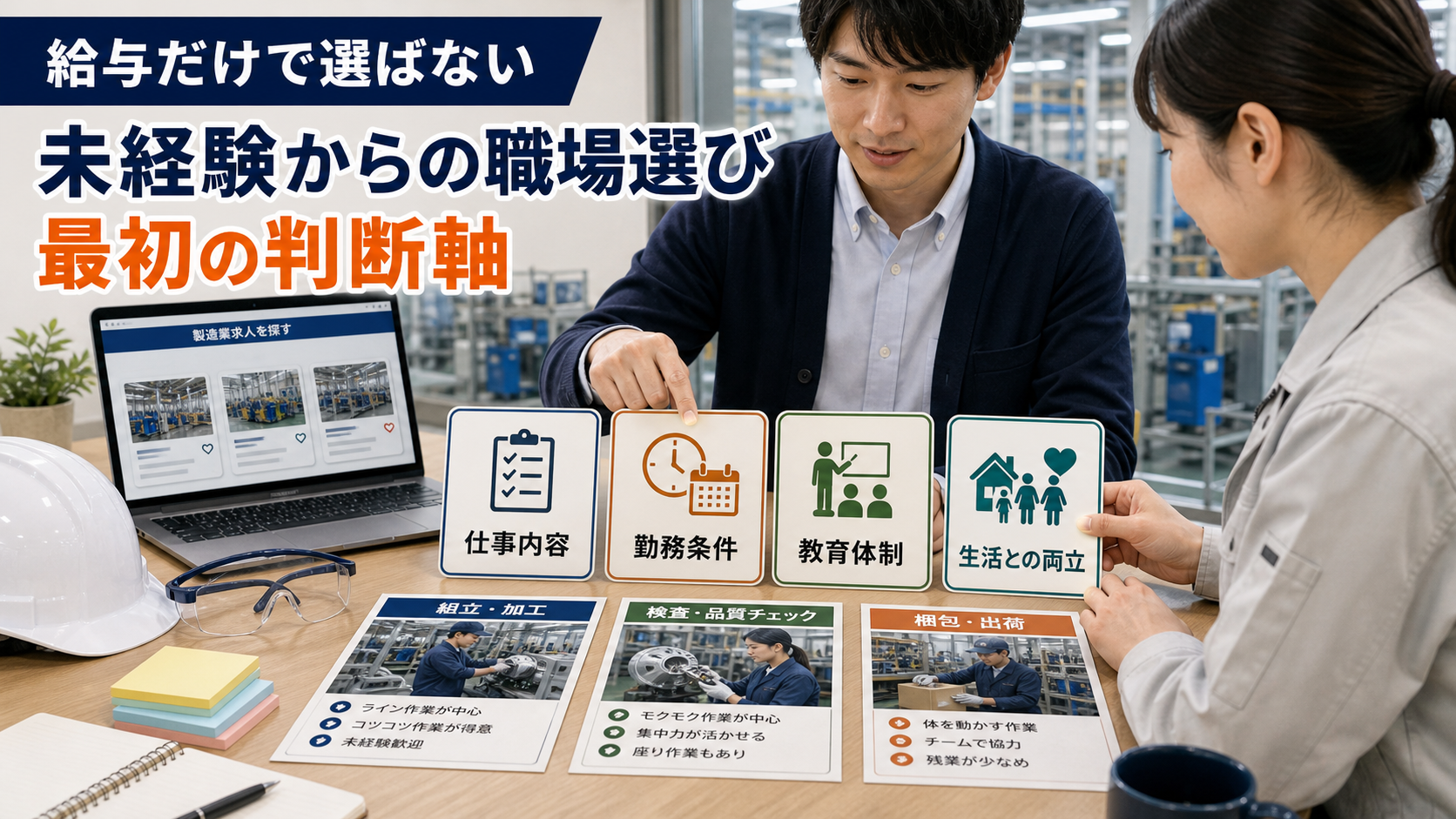 第1章「未経験から製造業求人を選ぶとき最初に決める判断軸」の要点を整理したインフォグラフィック。未経験者が製造業求人を選ぶときに押さえるべき4つの判断軸（仕事内容・勤務条件・教育体制・生活との両立）を示したインフォグラフィック