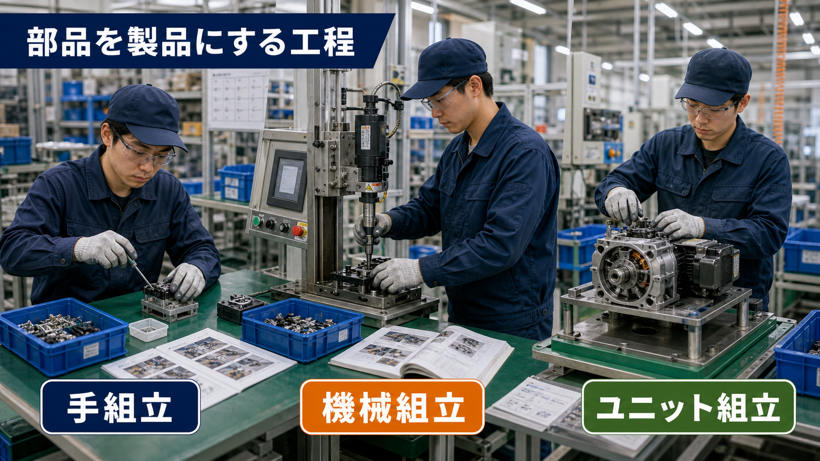 第1章「組立の仕事の全体像 ─ 定義・種類・製造業での位置づけ」の要点を整理したインフォグラフィック。組立の仕事の定義と製造工程での位置づけ、手組立・機械組立・ユニット組立の違い、自動車・電子部品・食品機械など業界別の特徴を解説する図解付きガイド