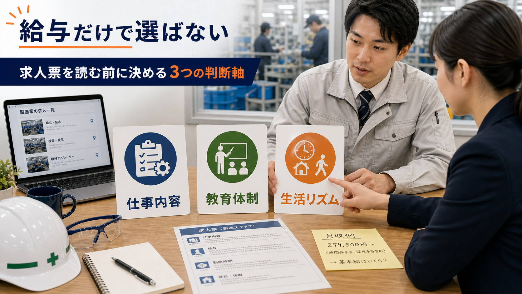 第1章「製造業求人の選び方で最初に押さえる結論」の要点を整理したインフォグラフィック。デスク上に求人票3枚と付箋が並び、ペンで仕事内容・教育体制・生活リズムの3項目にチェックを入れている手元のクローズアップ。背景にスマホの求人検索画面がぼんやり映る。