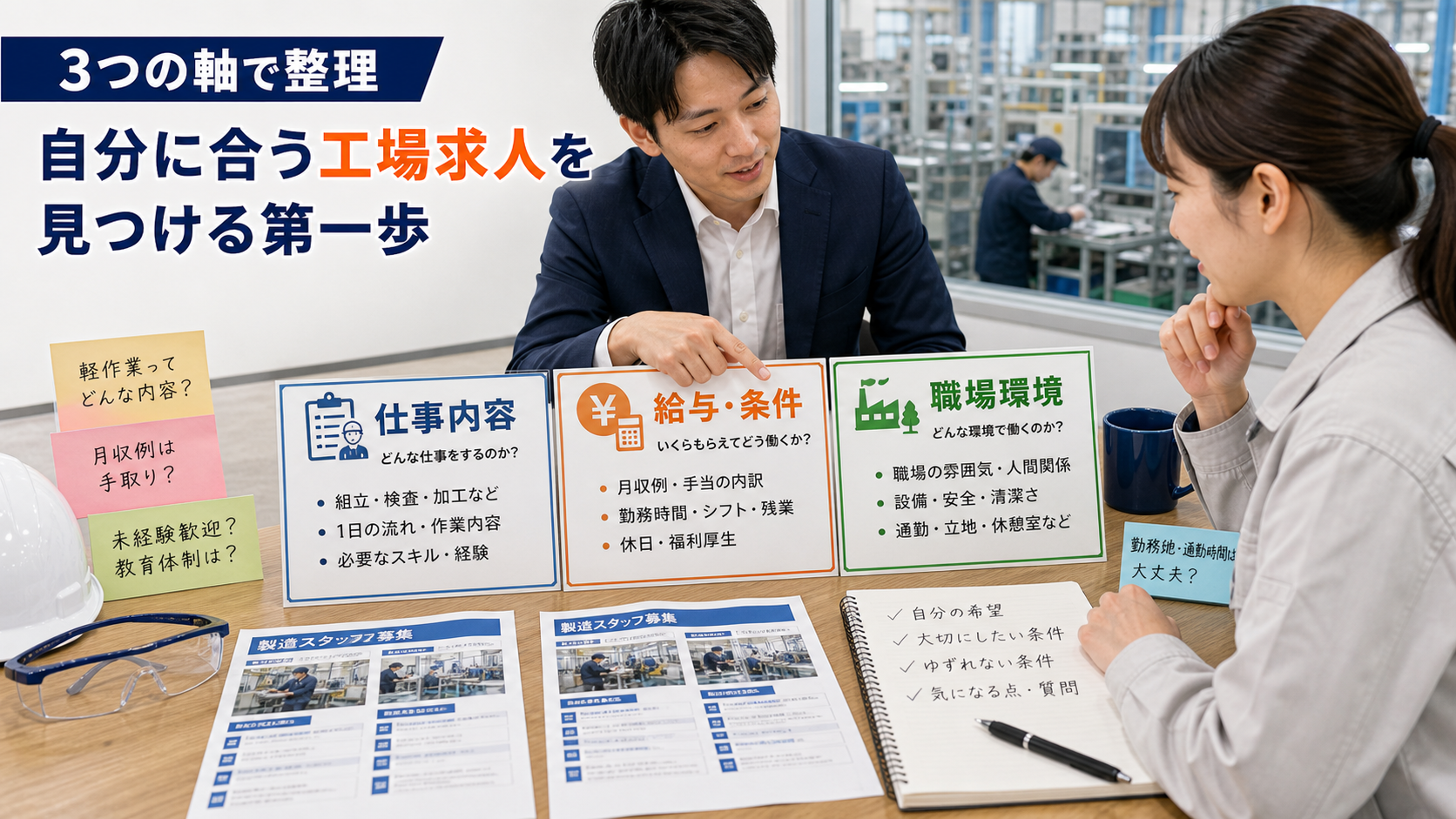 第1章「工場求人選びで最初に確認すべき3つの軸」の要点を整理したインフォグラフィック。結論から言えば、工場求人は「仕事内容」「給与・条件」「職場環境」の3つの軸で確認すると、自分に合う求人かどうかを判断しやすくなります。未経験から工場勤務を始める方が求人票を前にして手が止まるのは、この3軸のどこから見ればいいか分からないことが大きな原因です。